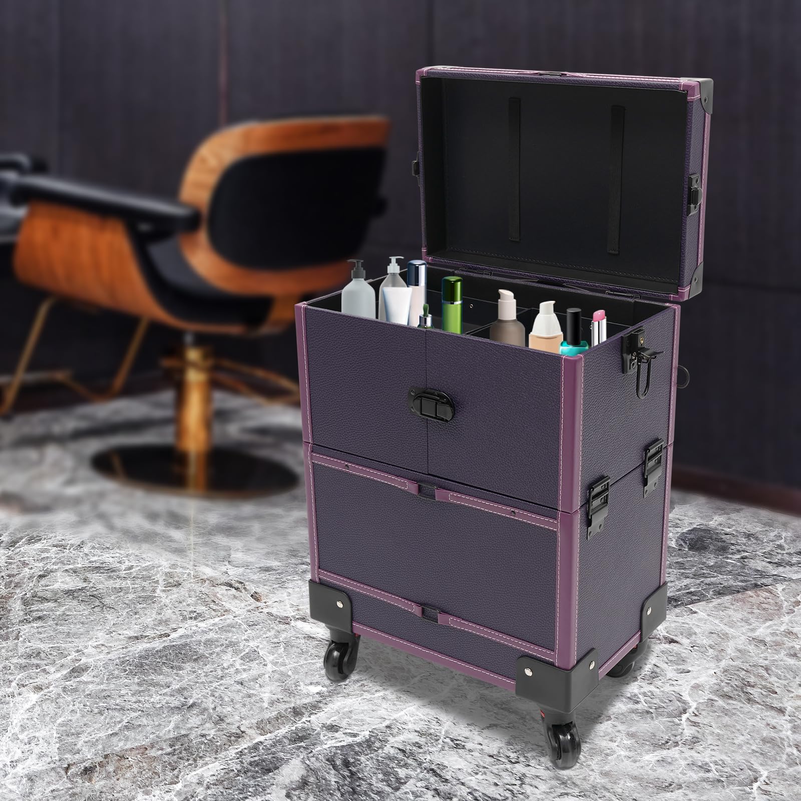 DreamRcoach Rolling Makeup Train Case w/Mirror, Beauty Trolley Rolling Makeup Train Case w/Lock, Nail Polish Cosmetic Organizer Traveling Cart Trunk for Make-up Artists (Purple)