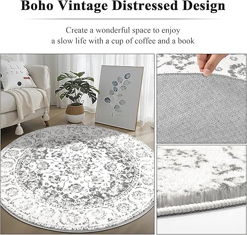 Miniatura 5 de Pauwer Alfombra redonda de 4 pies, alfombra circular bohemia, alfombra de área lavable, alfombra de mandala para suelo, alfombra de área
