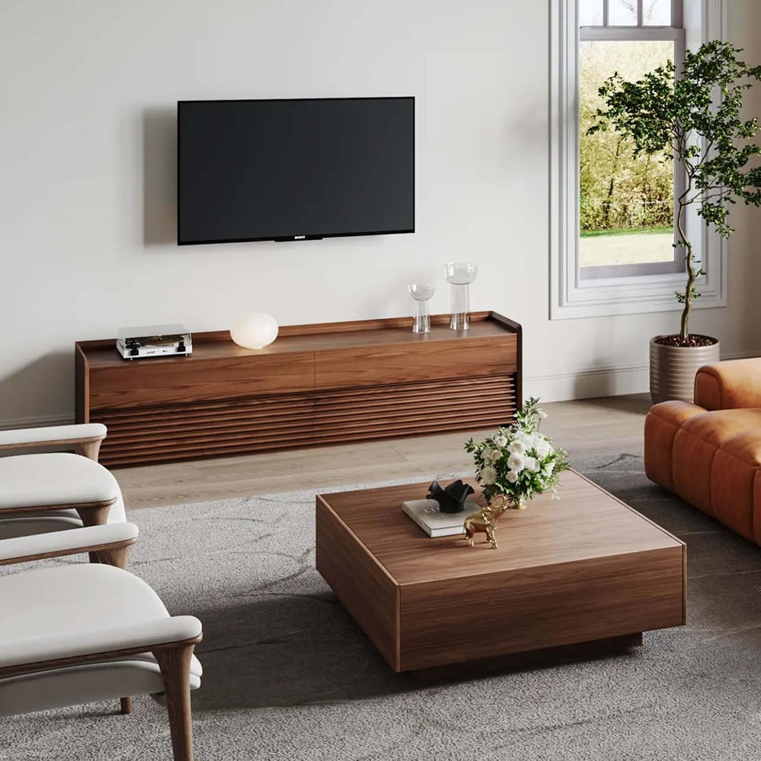 POVISON Modern Square Coffee Table with Storage, 39.37" Wood Coffee Table for Living Room Home Office, Fully-Assembled Walnut