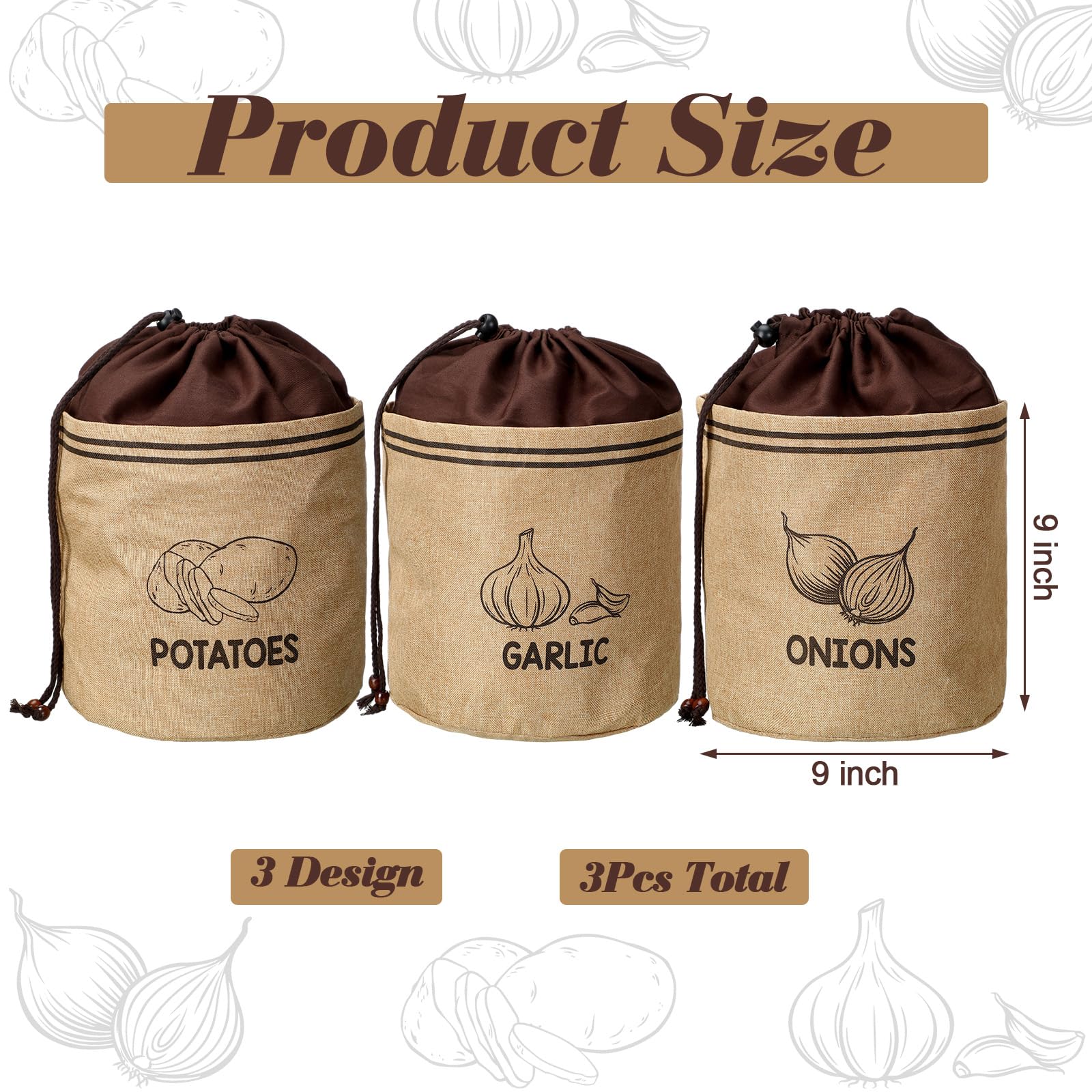 3 bolsas de cebolla con cordón, bolsas de patatas sostenibles con forro opaco, almacenamiento de alimentos, patatas, cebolla, ajo, contenedor de almacenamiento para despensa (clásico, tela de