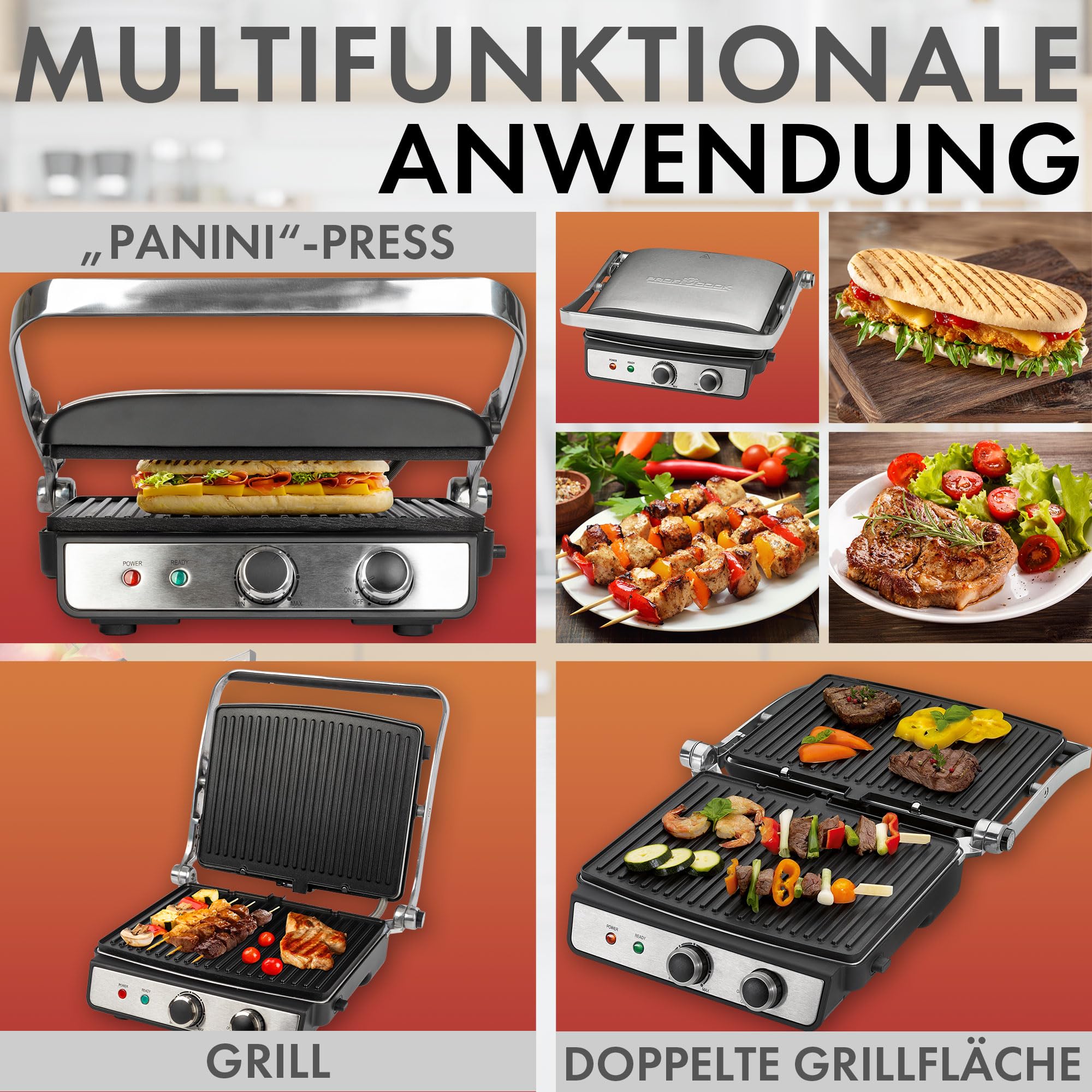 ProfiCook® Kontaktowy Grill Elektryczny do Beztłuszczowego Grillowania Panini, Steków, Tostów | Bezstopniowo Regulowany Termostat | Otwór 180° | 2000 W