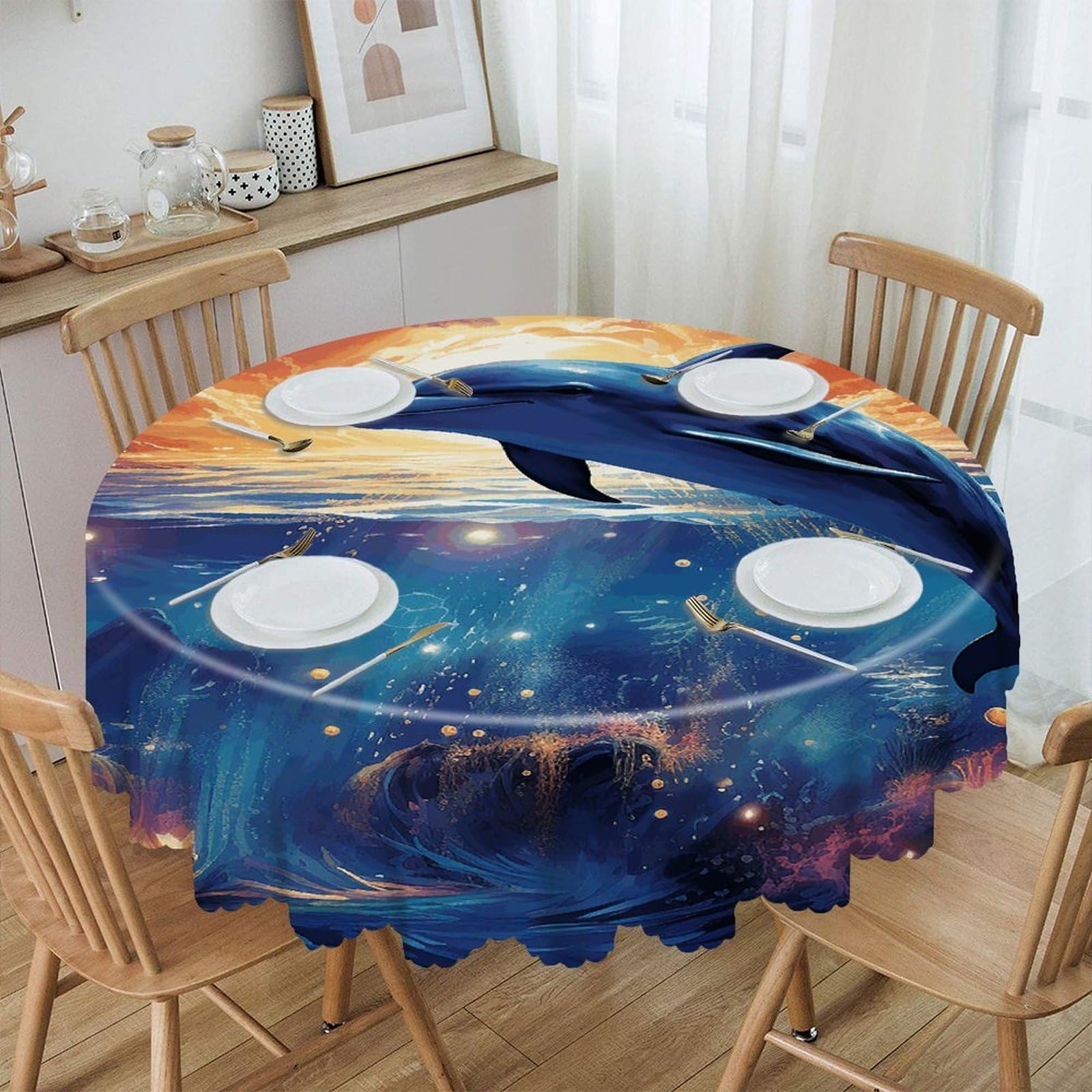VstaDank Colorful Starry Sky Ocean Dolphin Round Tablecloth Premium Polyester Table Cloth Heavy Duty Washable Fabric Tablecloth Waterproof Holiday Table Cover Decorative Tablecloths for Dining 60"