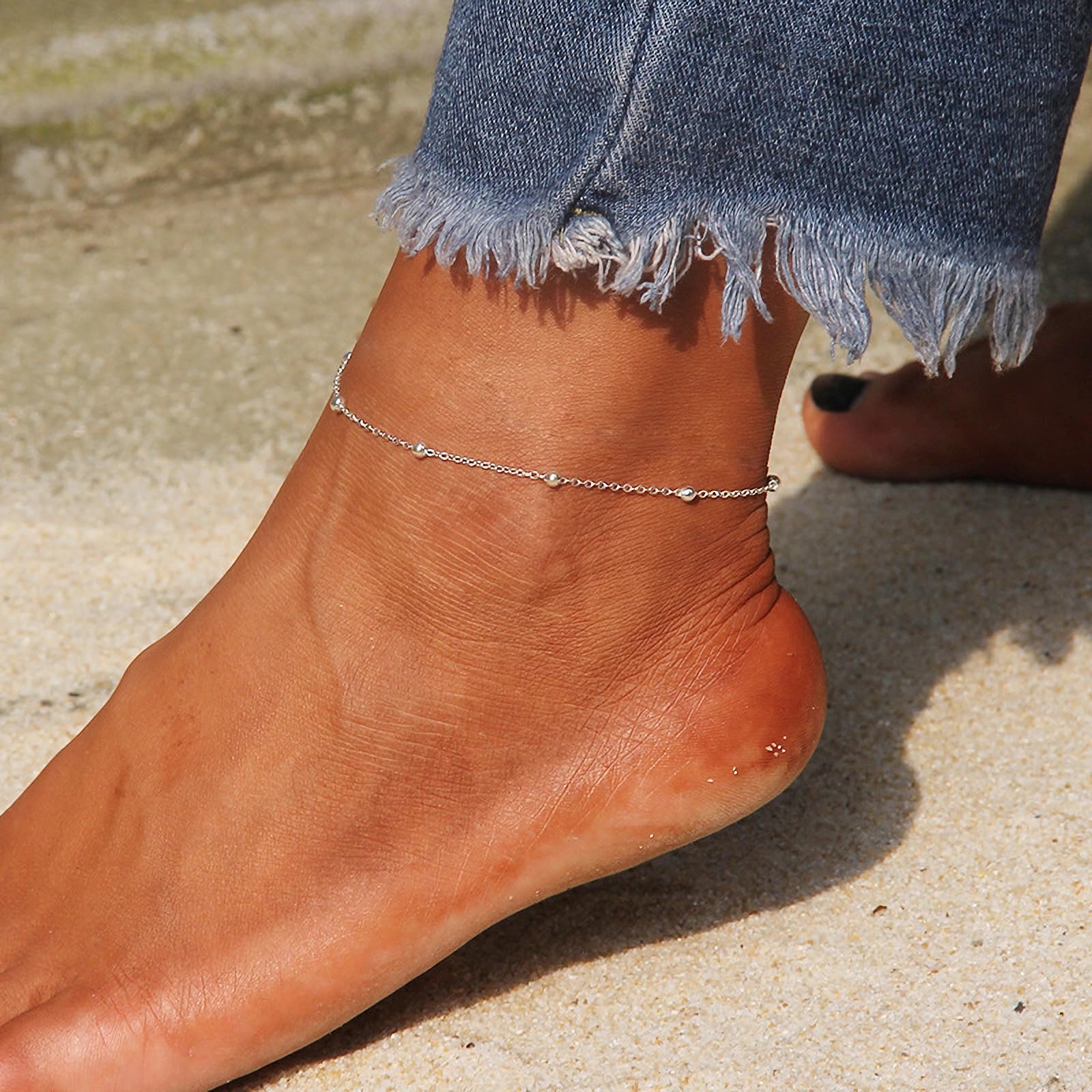 Chaînes de cheville en argent sterling 925 pour femme, chaîne de cheville réglable en argent 925 avec perle/étoiles, été pieds nus, plage en argent