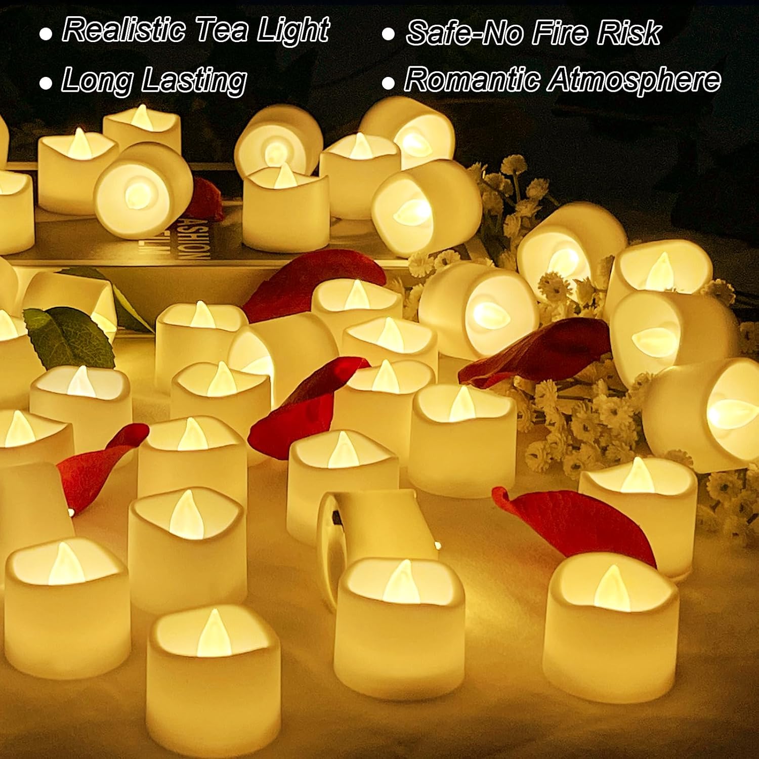 Flameless Tea Lights Candles 72 Pcs, LED Tealight Candles Set with Warm White Light, Decorations for Christmas, Valentine's Day, Wedding and Party