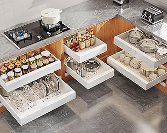 Seinloes 6Pack Expandable Pull Out Cabinet Organizer 21"Deep With Raising Pad for Framed Cabinets,Slide Out Drawers with 4pcs Divider Racks,Roll Out Shelves Adhesive,Adjustable Width 12.05"-20.4"White