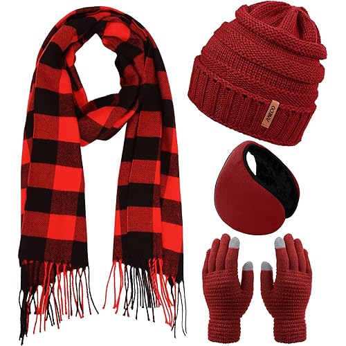 Aneco Winter Warm Knitted Sets Buffalo Plaid Scarf Beanie Hat Touch Screen Gloves and Winter Ear Warmer Set for Men or Women
