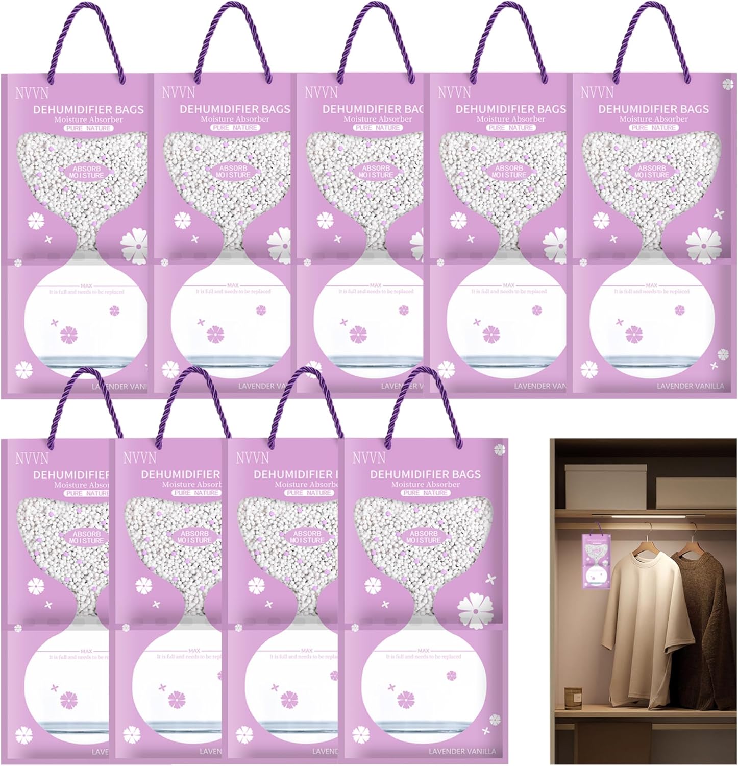 Dehumidifier Hanging Bags,Condensation Absorbers For Windows, Dehumidifier Bags 10Pcs Moisture Absorber Packets, 100g Closet Dehumidifier with Lavender Fragrance, 16.9 Oz
