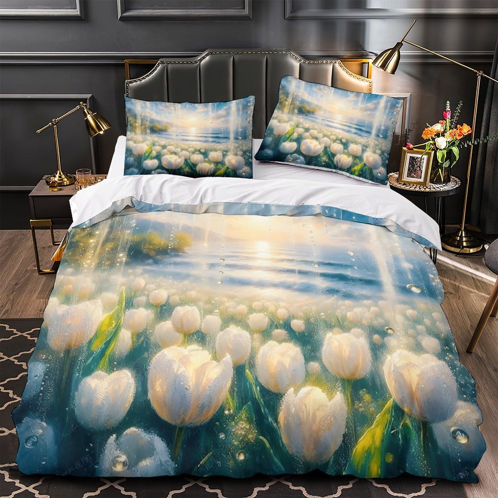 Parure de lit imprimé 3D fleurs printanières microfifre king size
