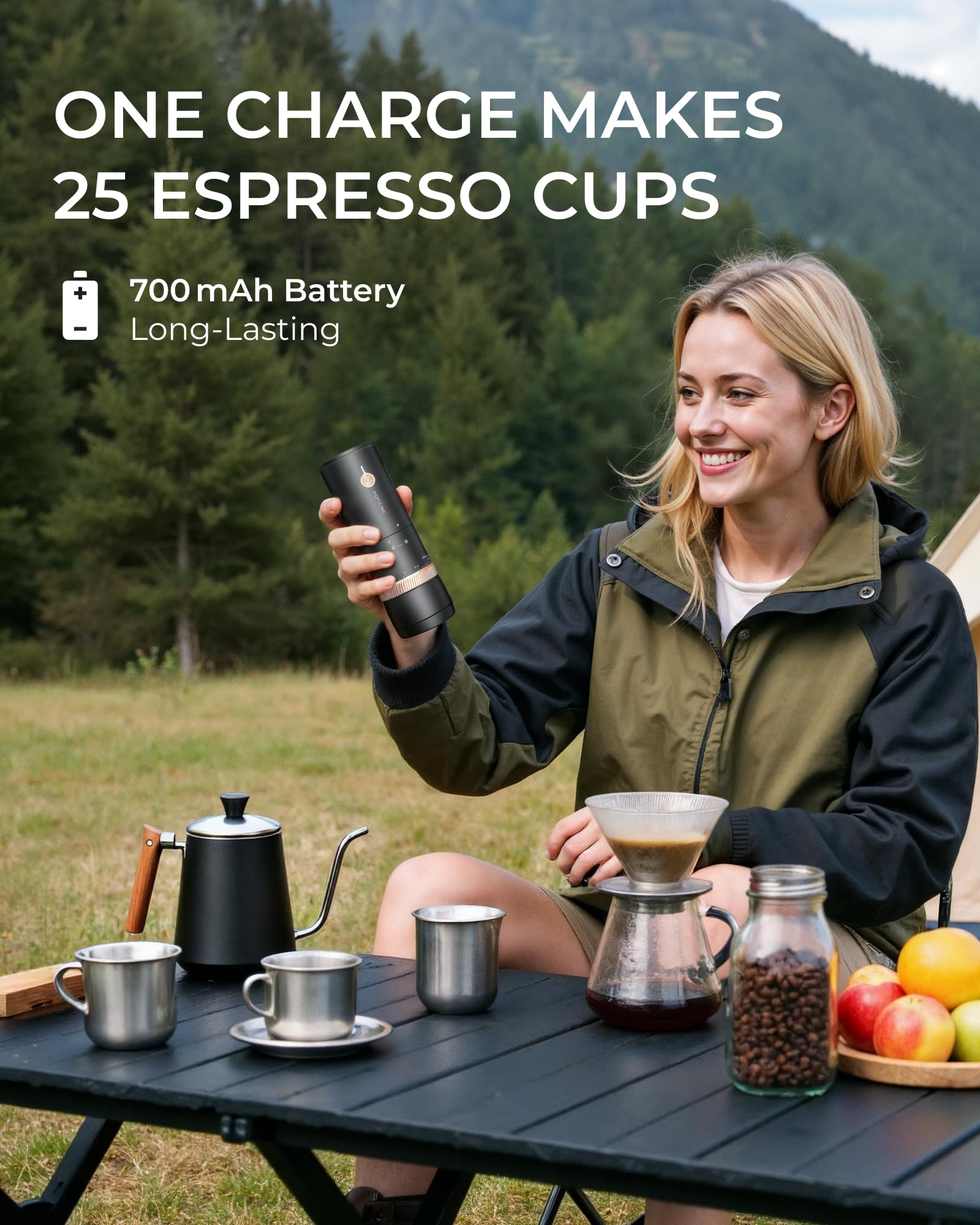 FORLIM Molinillo de café eléctrico portátil, recargable sin cable, rebabas cónicas de acero inoxidable con 80 ajustes precisos, dosis única, espresso, cafetera Moka, vertido