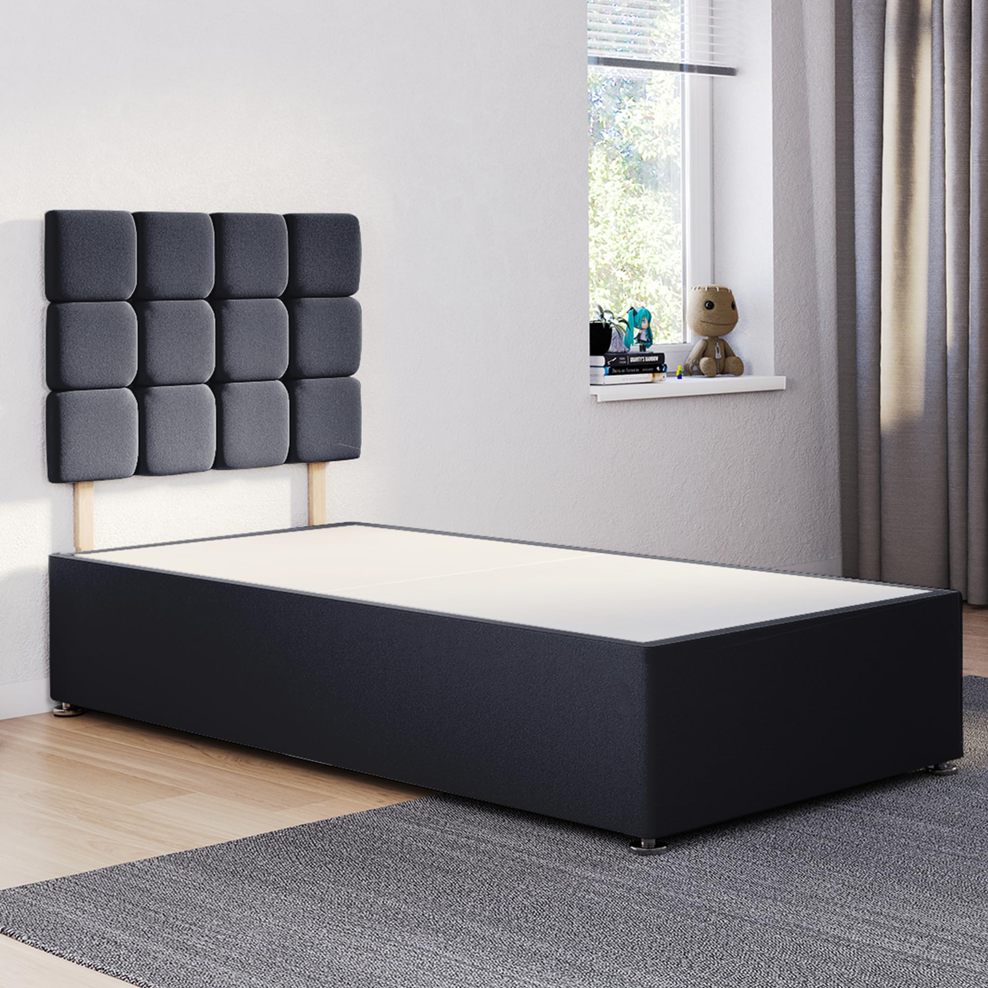 ComfoRest - Contemporary 3FT Single Divan Bed Base with Cube Headboard | Practical Frame for Guest Rooms or Daily Use | Minimal Setup for Compact Bedrooms – No Mattress, No Drawers (Black Plush)