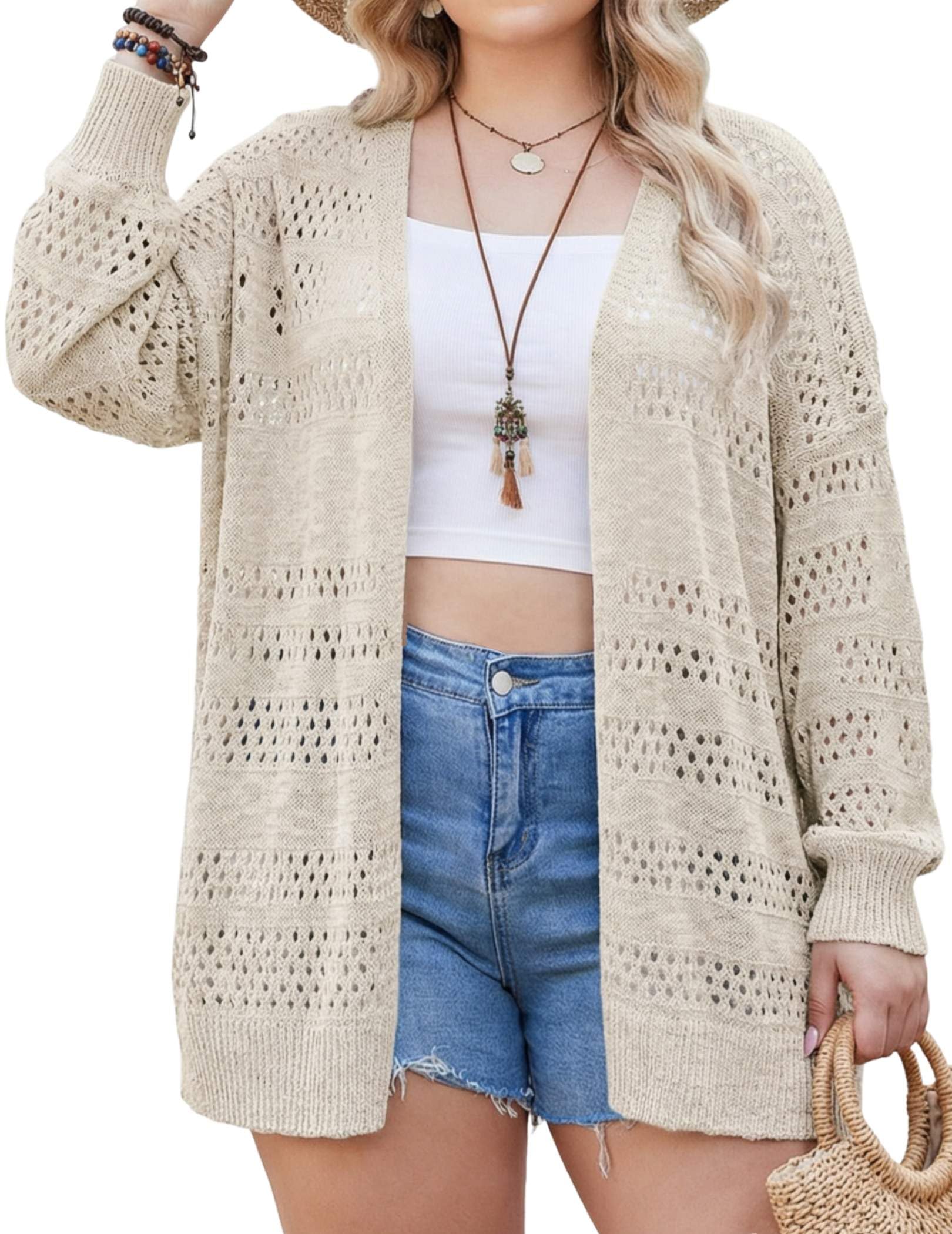IN'VOLAND Womens Plus Size Crochet Cardigan Lightweight Long Sleeve Open Front Oversized Boho Sweaters Kimonos