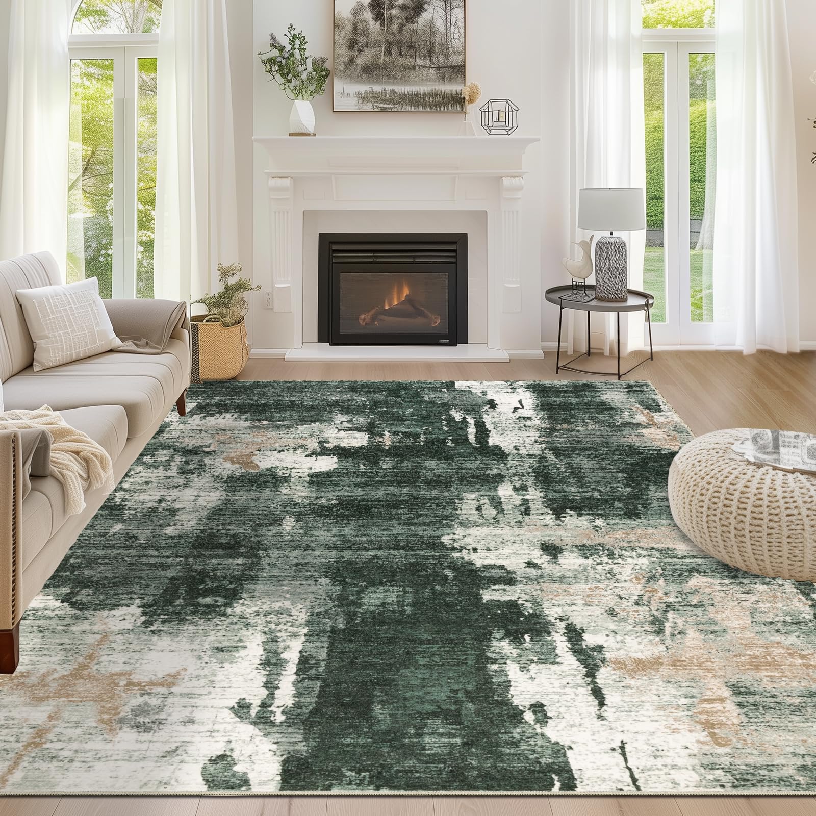Capslpad 160x230cm Large Modern Abstract Rugs Living Room Non-slip Area Rug Short Pile Faux Wool Bedroom Carpet Lightweight Washable Minimalist Floor Carpet for Living Room Bedroom Office Decor, Green