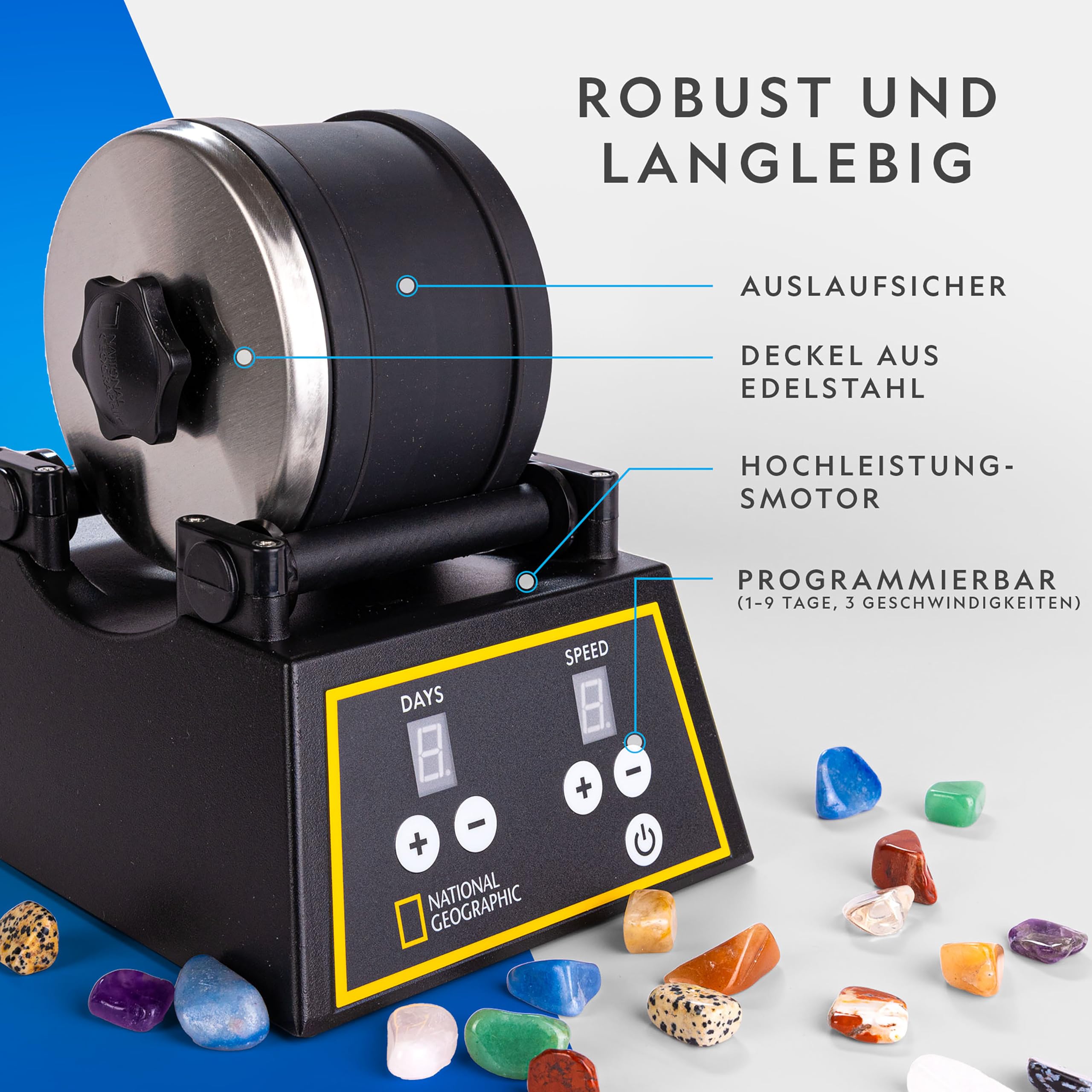National Geographic Professionelles Rock Tumbler Kit - Rock Polisher für Kinder und Erwachsene, komplettes Rock Tumbler Kit mit haltbarem Becher, Felsen, Körnung und unserem neuen GemFoam Polierer