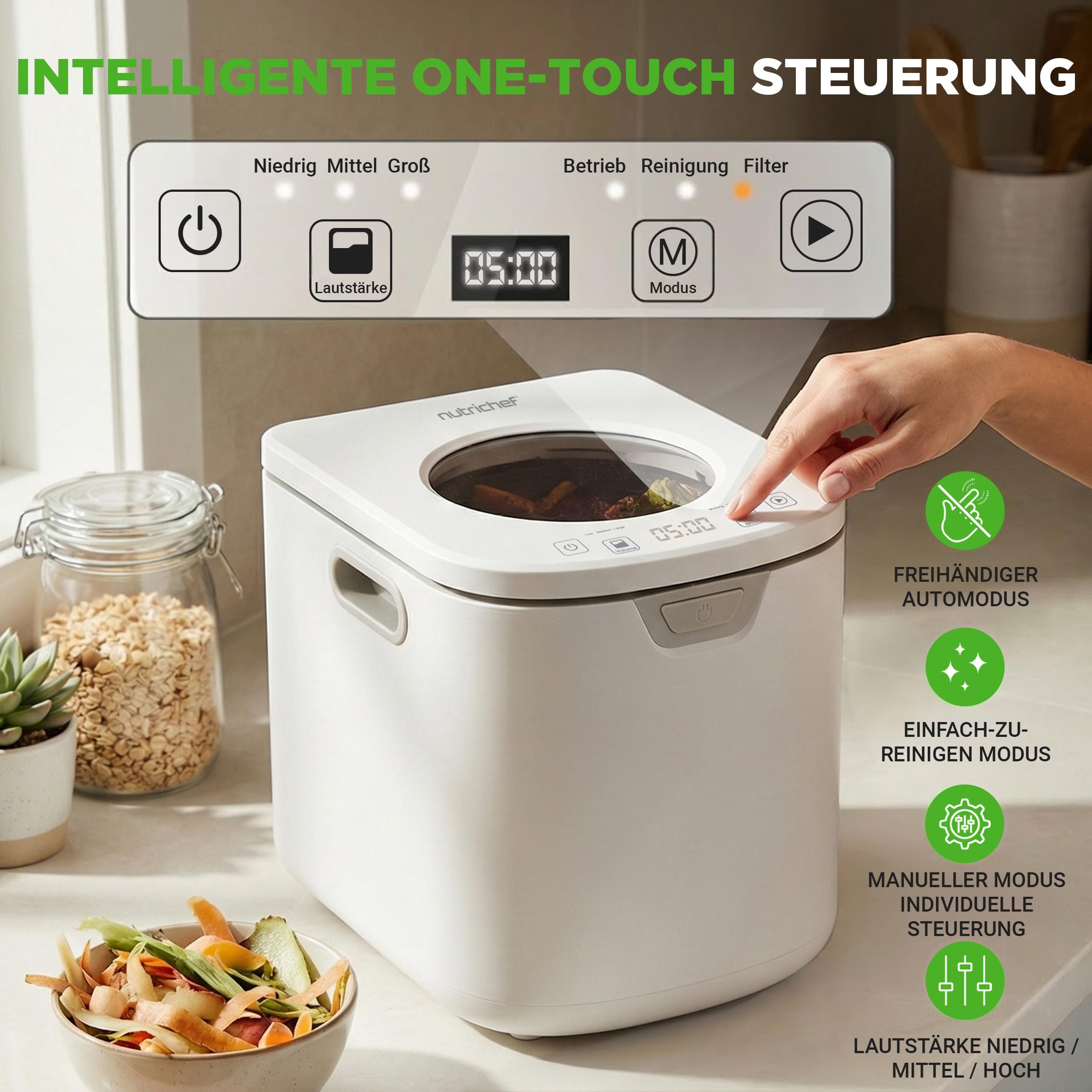 NutriChef Elektrischer Küchenkomposter - Indoor Lebensmittelabfälle Komposter Mülleimer, Geruchloses Arbeitsplatten-Design, Kohlefiltersystem, Leiser Betrieb, Heimkompostierungslösung, Weiß