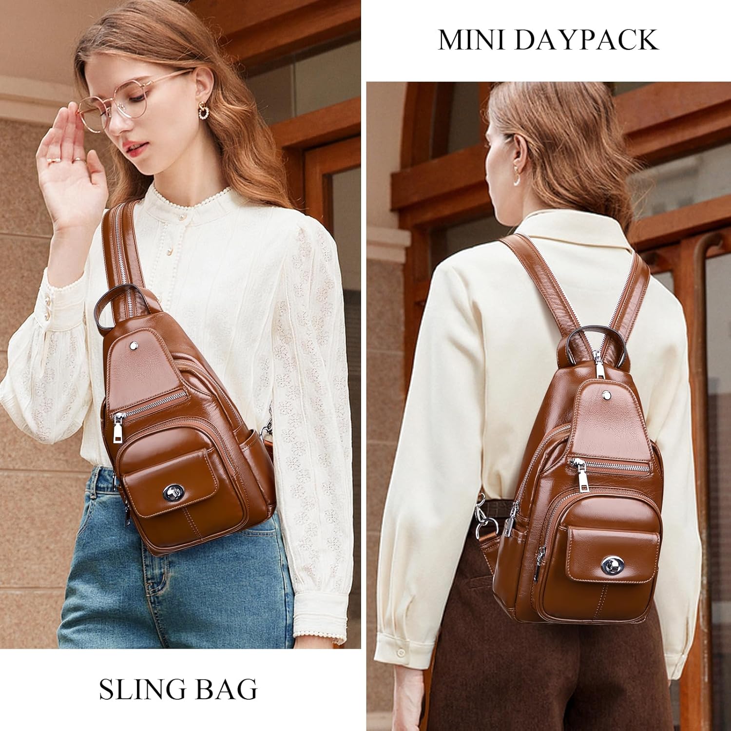 Over Earth Genuine Leather Sling Bag for Women Men Small Causal Crossbody Purse Chest Backpack(O212E Brown) - Image 2