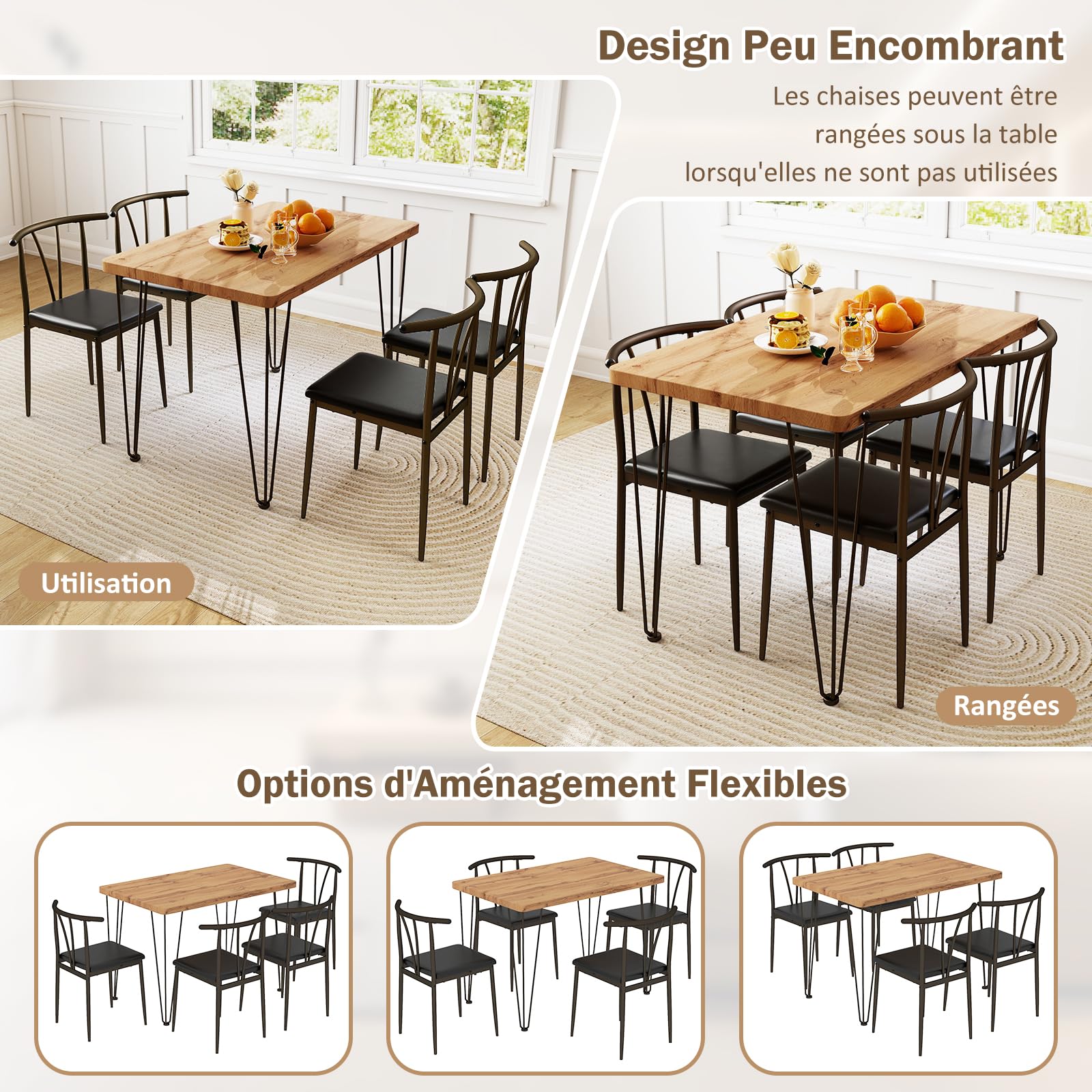 RELAX4LIFE Table à Manger avec 4 Chaises, Placage Imitant Bois