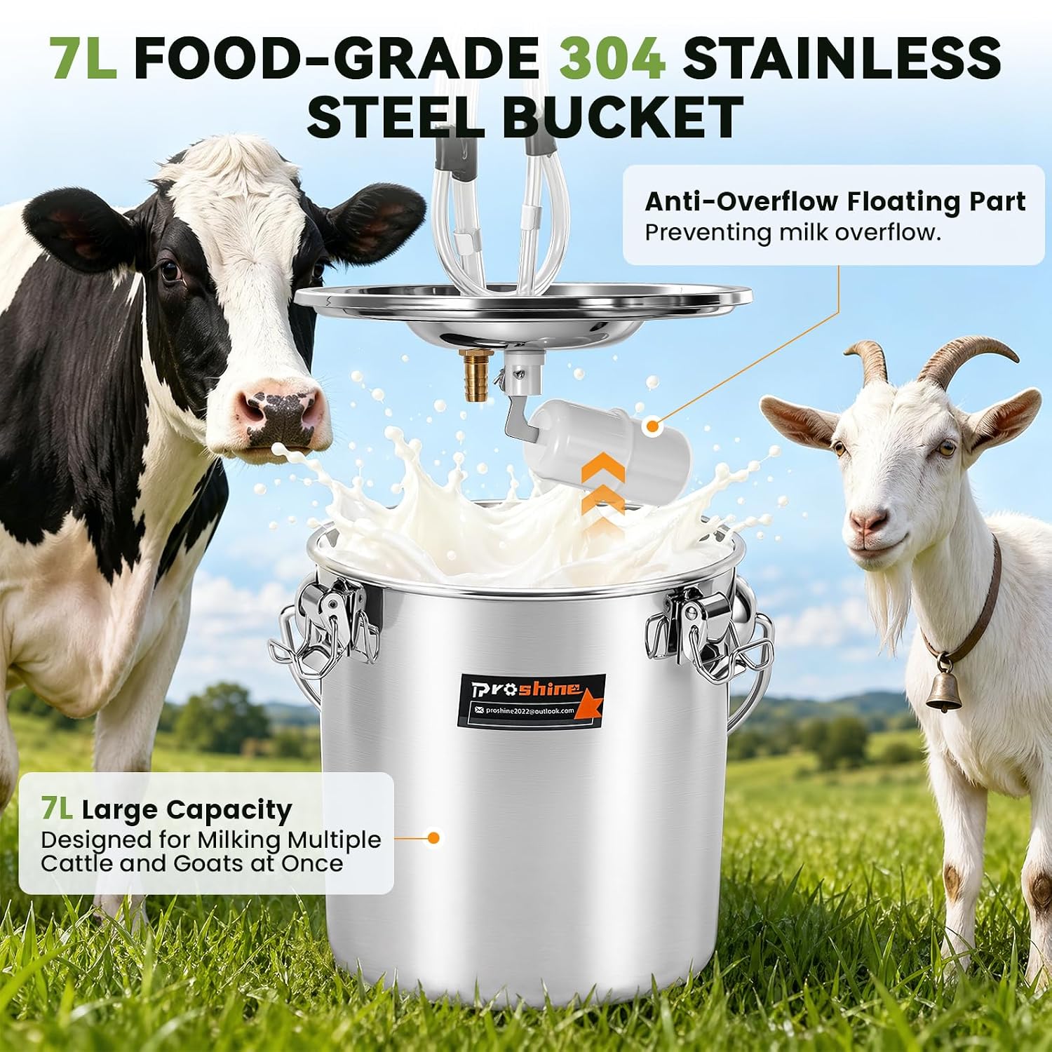 2 in 1 7L Goat Milking Machine, Electric Vacuum Pulsation Milker, Handheld Portable Milking Machine for Cows with 4 Teat Cups (for Goat Cow Battery)