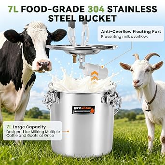 2 in 1 7L Goat Milking Machine, Electric Vacuum Pulsation Milker, Handheld Portable Milking Machine for Cows with 4 Teat Cups (for Goat Cow Battery)