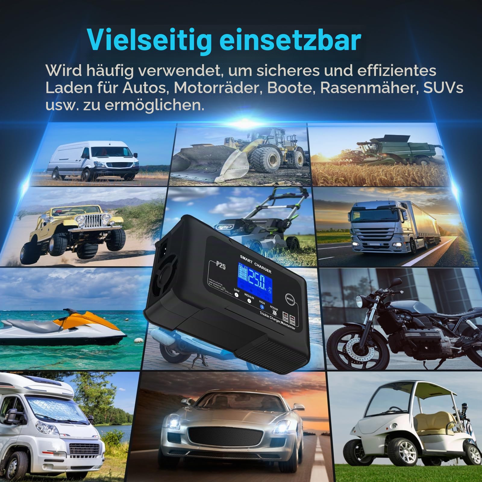 HTRC 25A Autobatterie Ladegerät 12V/24V für AGM, Gel, EFB, LiFePO4-Akkus