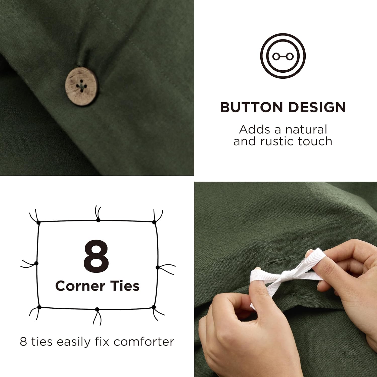 Bedsure Linen Duvet Cover Queen - Linen Cotton Blend Bedding Set, Soft & Cozy, 3 Pieces, 1 Duvet Cover 90x90 Inches and 2 Pillowcases, Olive Green Color Cooling Bedding, Comforter Sold Separately - Image 6