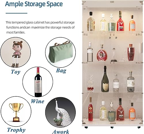 Miniatura 23 de Vitrina de cristal con 4 estantes con tira de luces LED y cerradura, vitrina de vitrina con ruedas y 1 puerta, vitrina de vidrio templado para sala