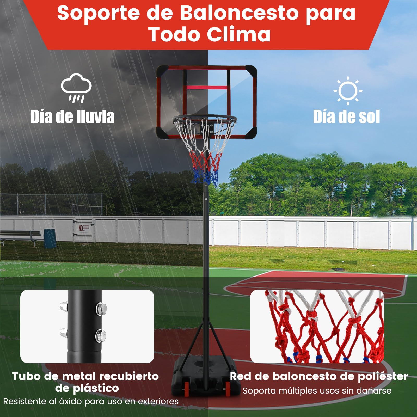 COSTWAY Canasta de Baloncesto Altura Ajustable 193-248 cm Rellenable de Arena y Agua Móvil con Ruedas Portátil PC Interior Exterior