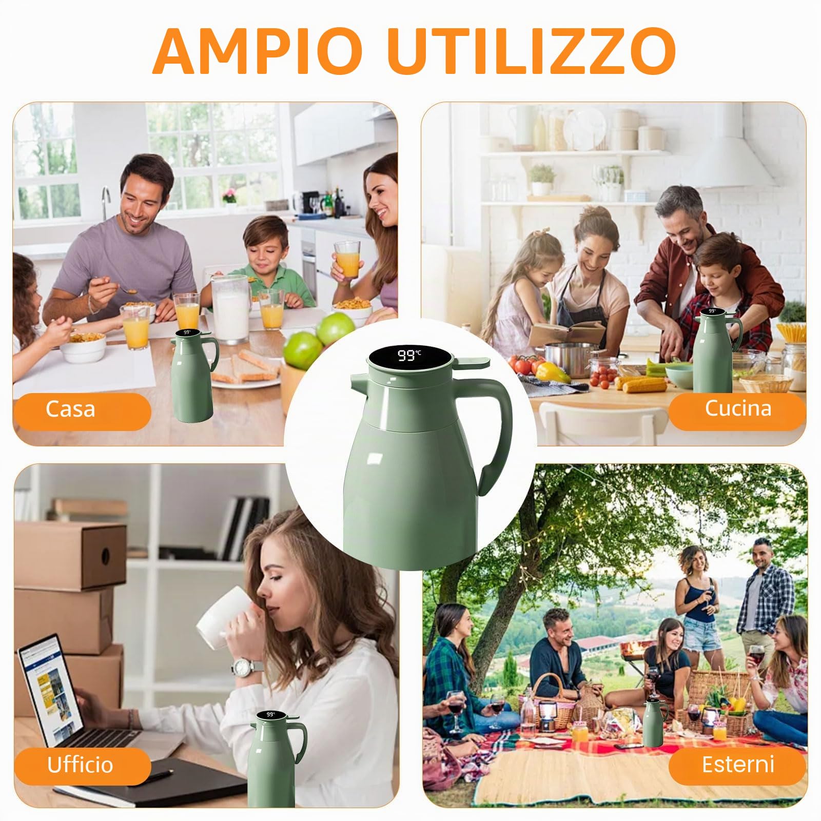 Brocca isotermica 2 L 6 strati per acqua calda | Bollitori isolati sottovuoto per teiera, caffè, succo, latte, tè, caffè, bevande, ufficio, campeggio, termico 24 ore