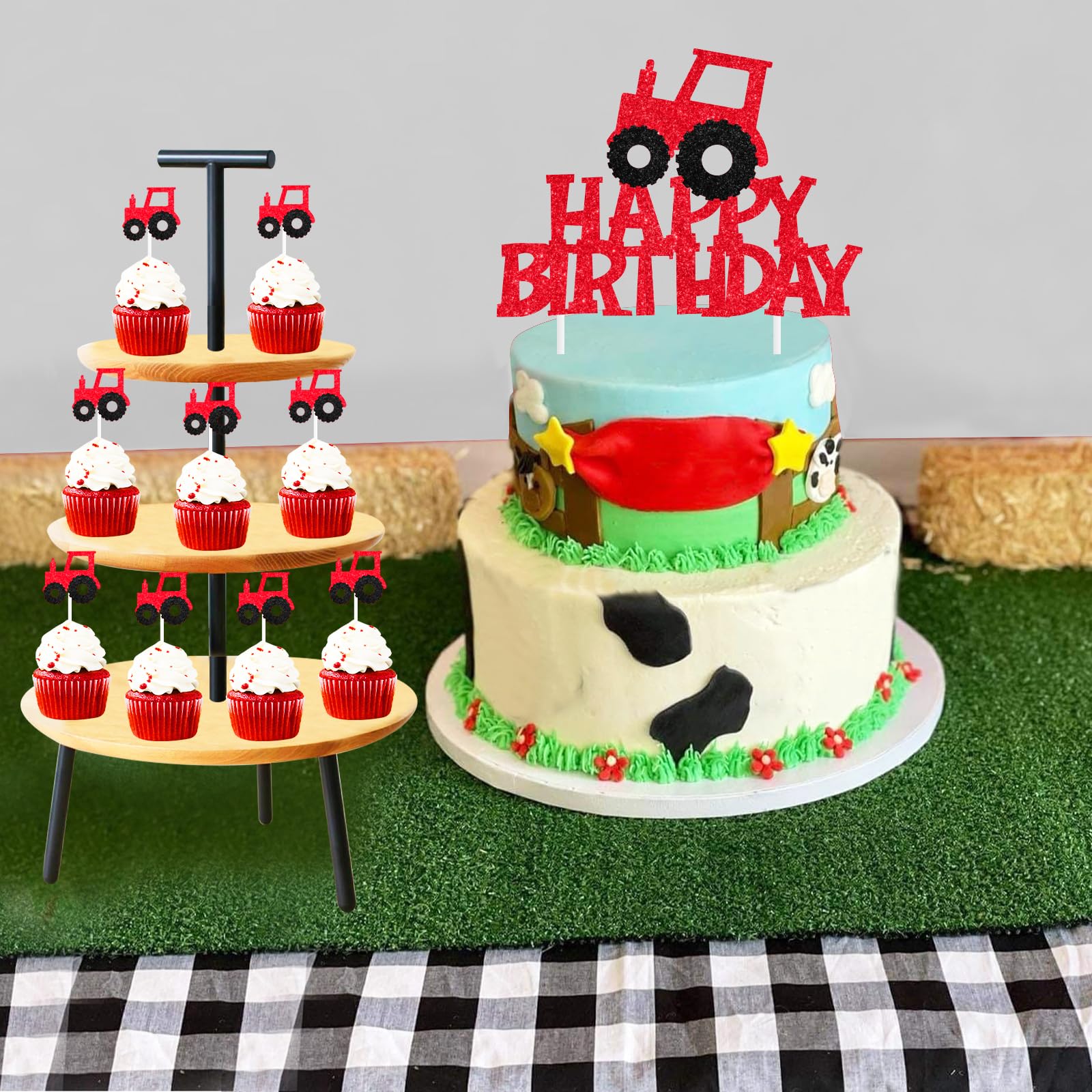 Sursurprise Tractor Birthday Party Decorations - Cake Topper & 12 Cupcake Toppers For Farm Theme - View #5
