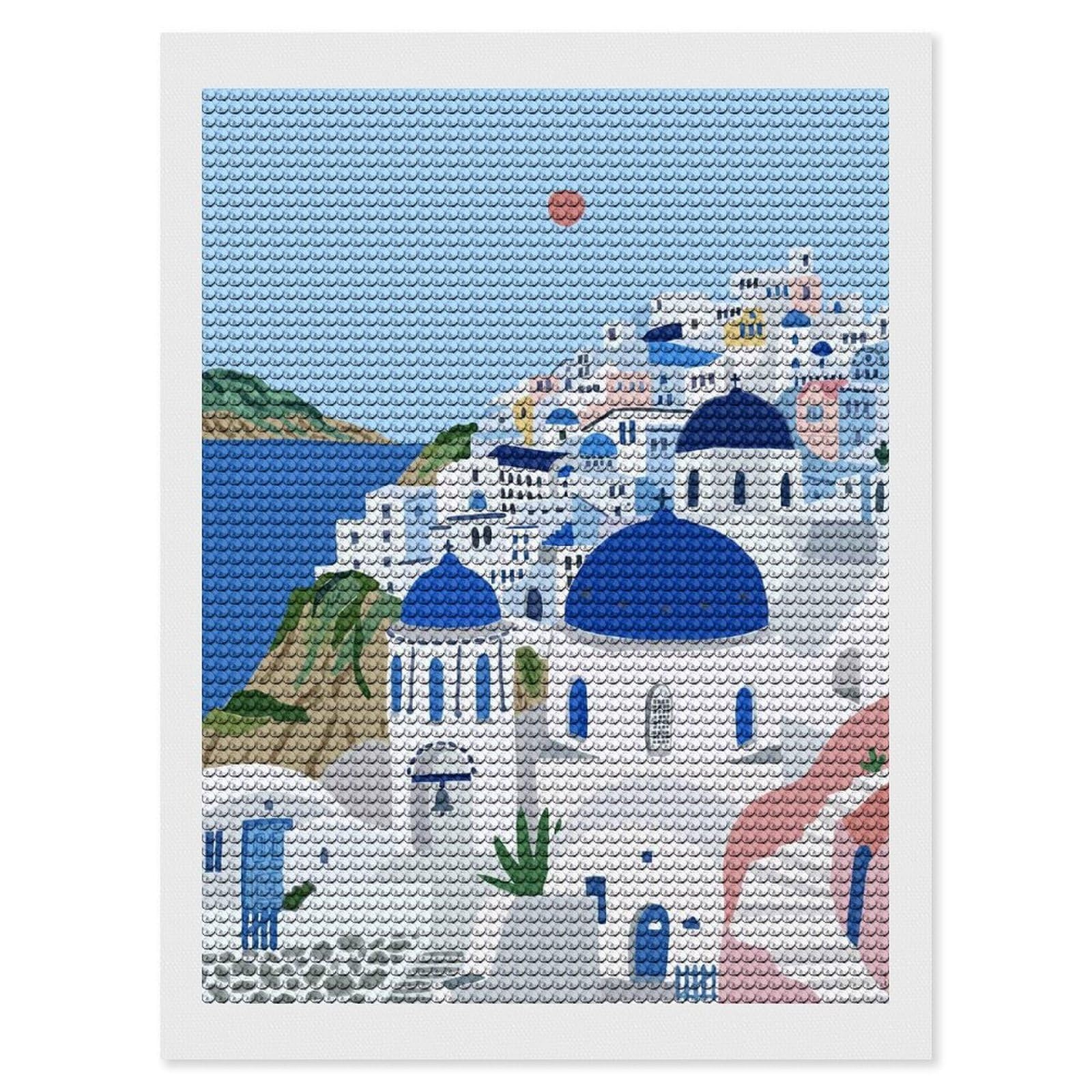 Junmoney Santorini Greece Illustration DIY Diamond Art Canvas Kit 12"x16", Relaxing DIY, Sparkling Crystal Beads, Vintage Style Decor, Holiday Gift Idea