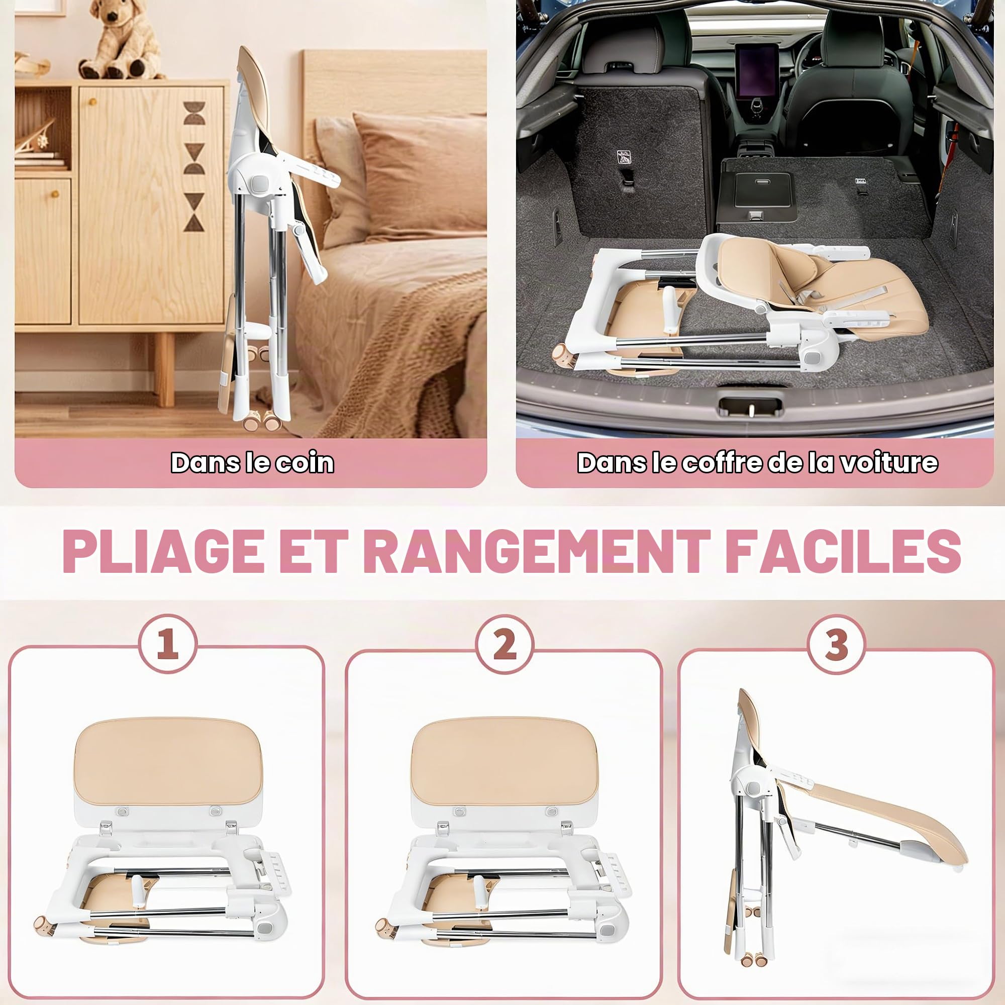 Chaise Bébé Pliante, Chaise Haute 4-en-1 Réglable en Hauteur, Siège Bébé avec Plateau Amovible, Roulettes & Harnais 5 Points, Chaise Haute Évolutive (Beige)