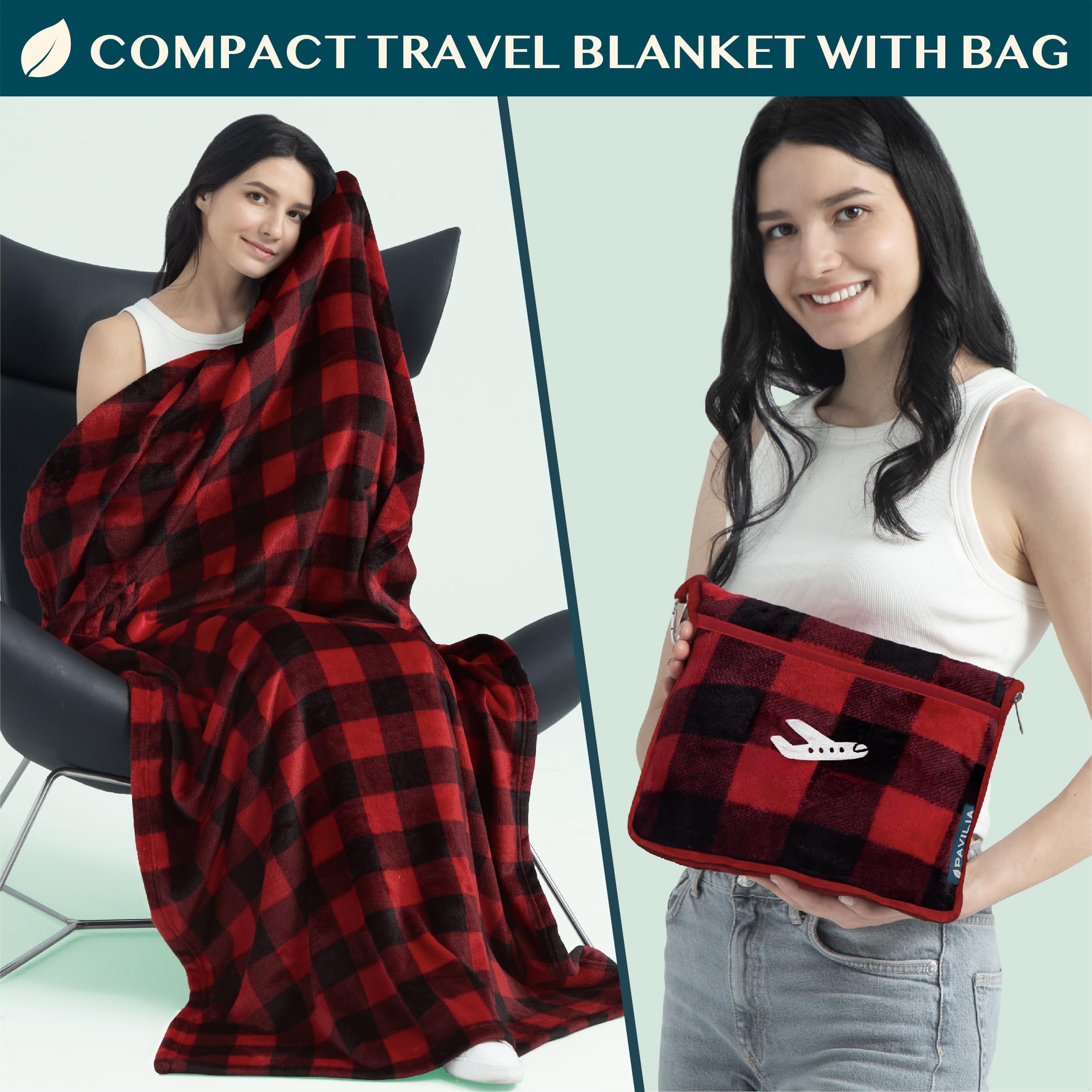 PAVILIA Coperta da viaggio, set di coperte per aeroplano in borsa morbida con tasche, coperta per aereo, compatta e pieghevole, cuscino essenziale per auto, accessori per viaggiatori, regali, cinghia