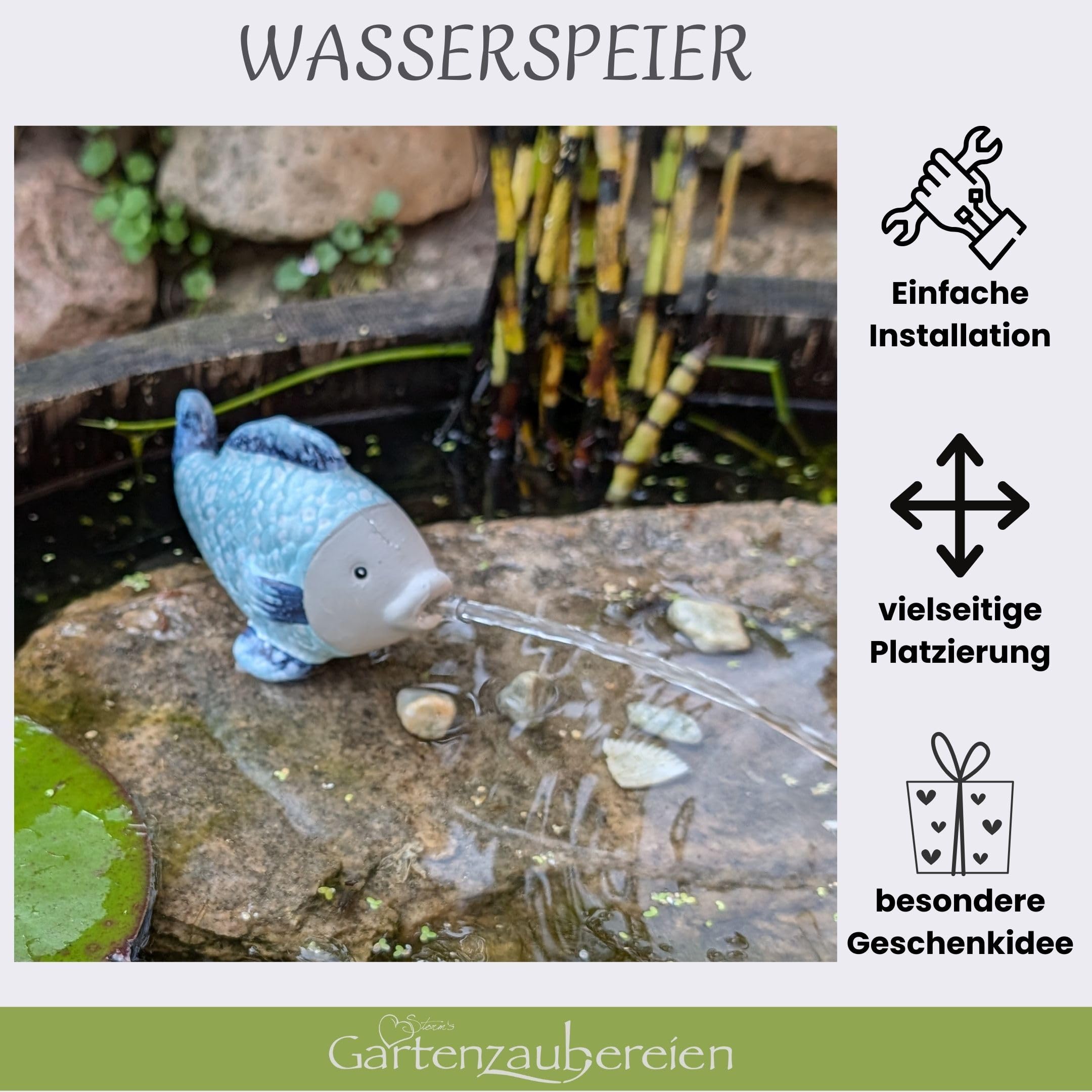 Storm's Gartenzaubereien Wasserspeier Fisch aus Keramik mit Pumpe 230V - für Miniteiche - Balkondeko - Wetterfest - Gartendeko -Teichzubehör - Wasserspeier Teich Fisch