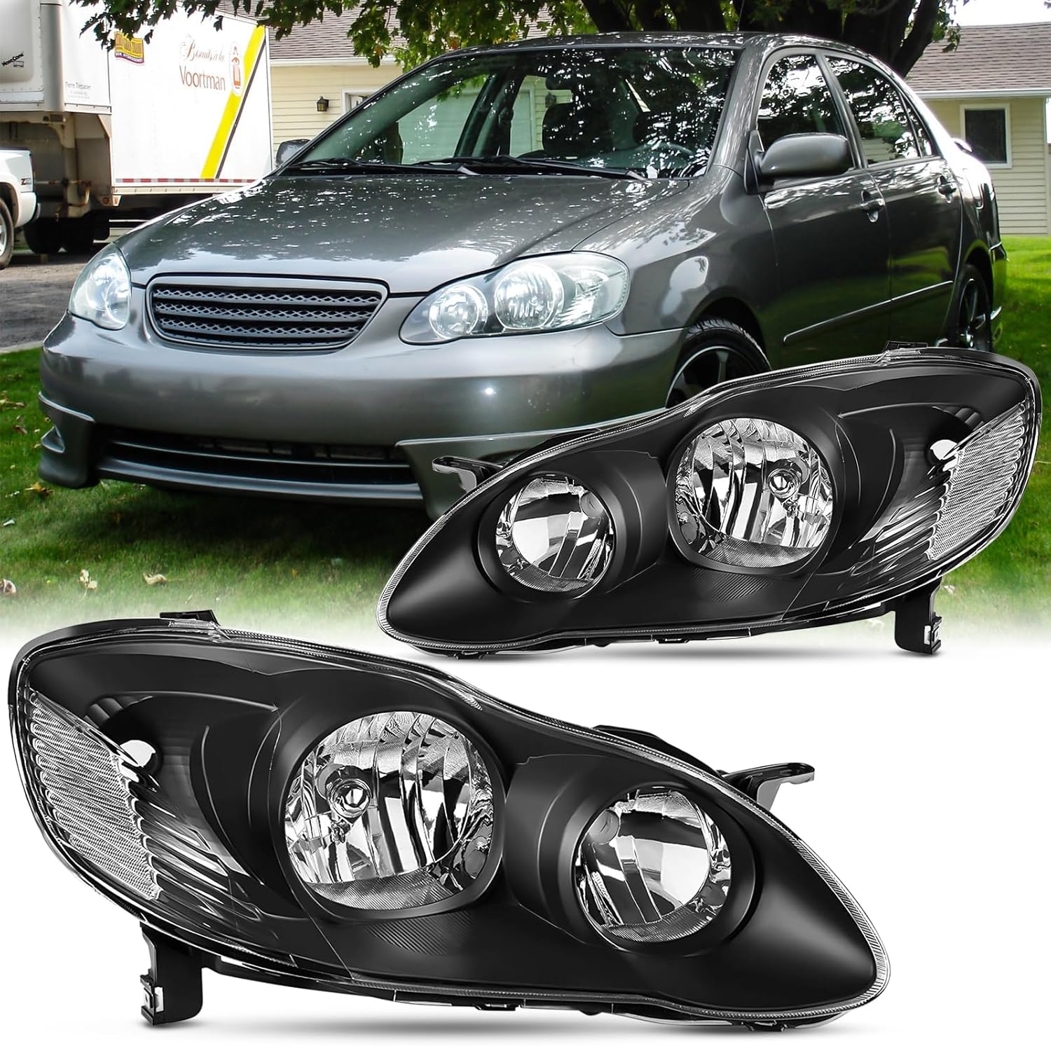 Pair Headlight Assembly Set For 2003 2004 2005 2006 2007 2008 Toyota Corolla CE LE S Replacement Headlamps Matte Black Housing Clear Reflector and Lens Driver and Passenger Side Bumper light(LH&RH)