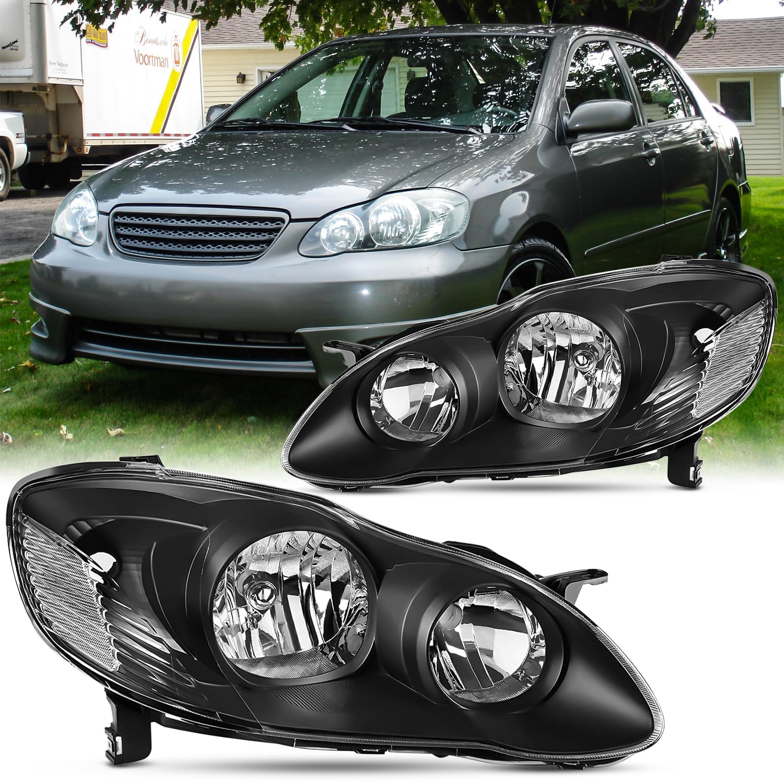 Pair Headlight Assembly Set For 2003 2004 2005 2006 2007 2008 Toyota Corolla CE LE S Replacement Headlamps Matte Black Housing Clear Reflector and Lens Driver and Passenger Side Bumper light(LH&RH)