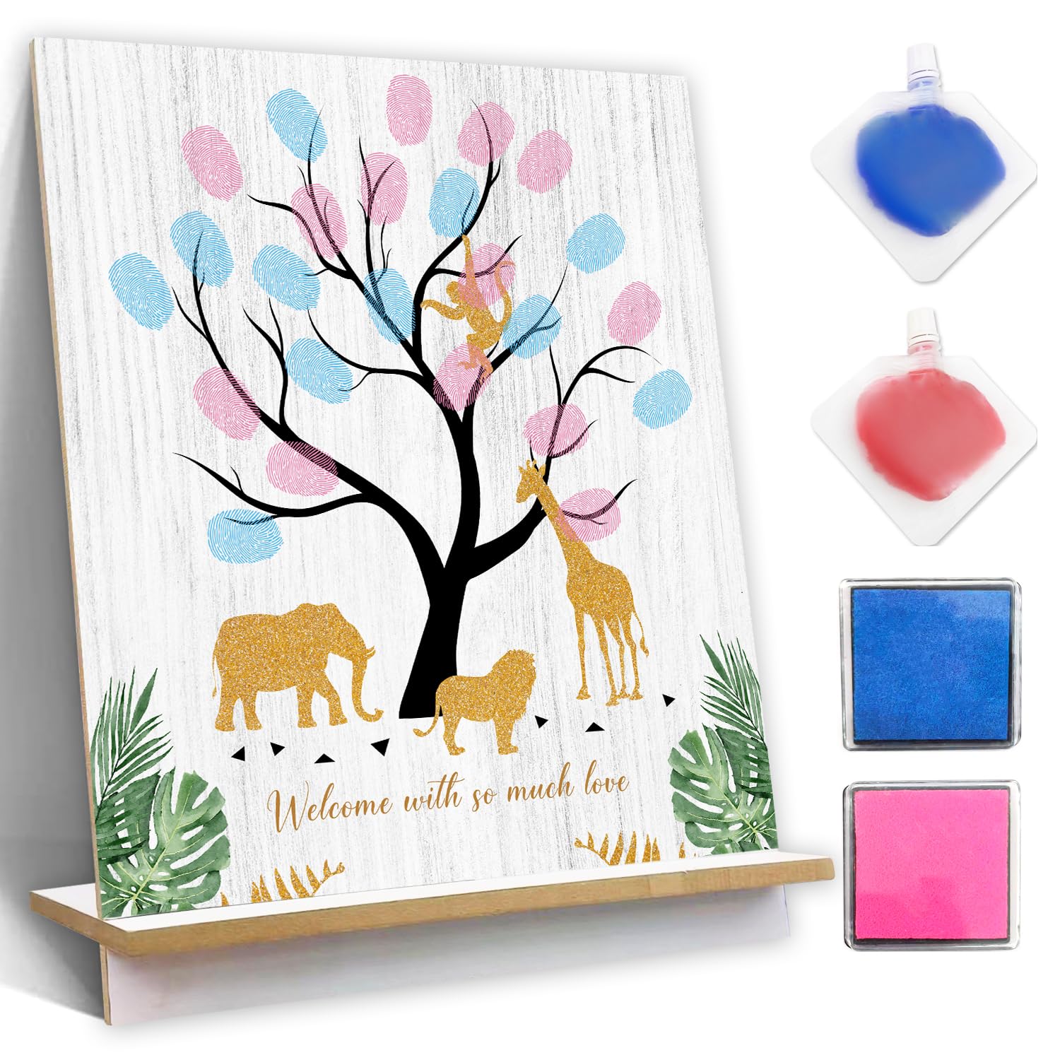 Arbre à Empreintes Pour Gender Reveal - Décoration Baby Shower Avec Affiche Et Autocollants Bleu/Rose - Livre D'or Pour Souvenirs Des Invités