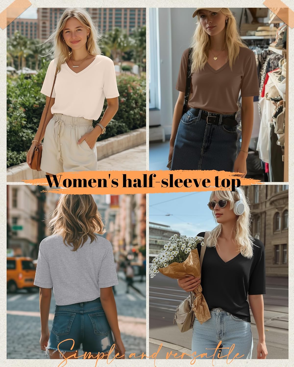 4 Pack Women's Half Sleeve Shirts V Neck Tops Elbow Length Loose Fit Straight Hem T Shirts Casual Summer Tees - Image 2
