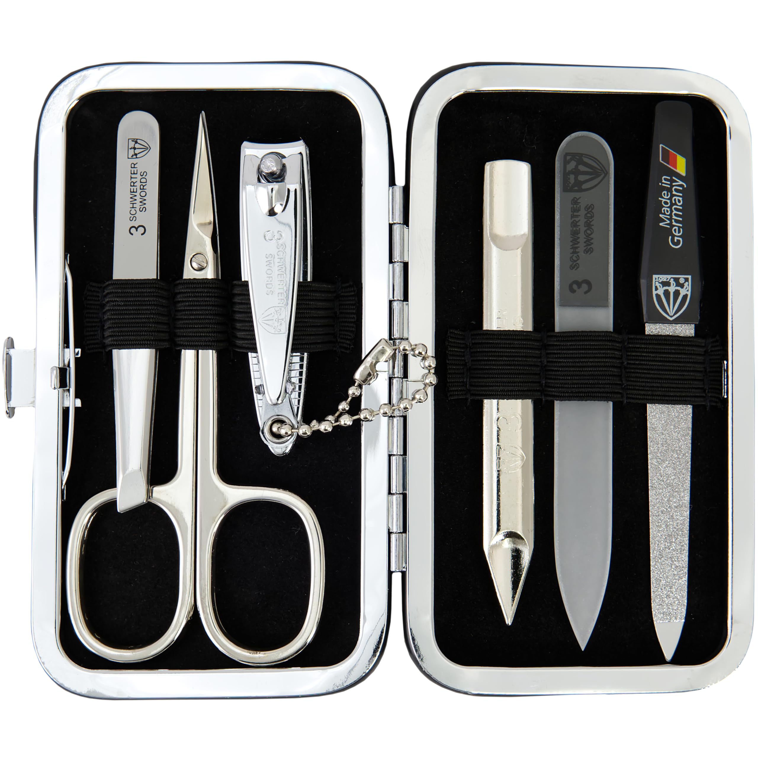 3 Swords Germany - Brand Quality 6 Piece Manicure Pedicure Grooming kit Set - Scissors, Metal and Glass Nail File, Clipper, Tweezers with Synthetic