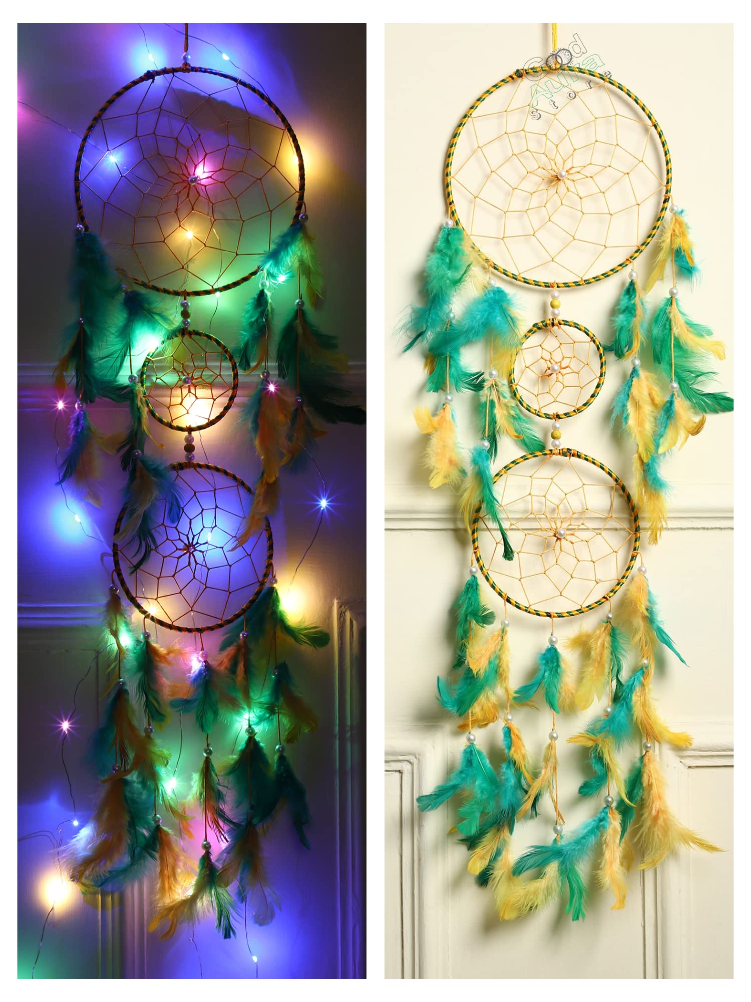 Good Aura Store Dream Catchers with Light Home Decor, Feather Wall Hangings for Kids Room, Bedroom, Livingroom, Balcony, Cafe Decorations, Gift Items (Pack of 1, 18LX87Hcm,Yellow &Green)