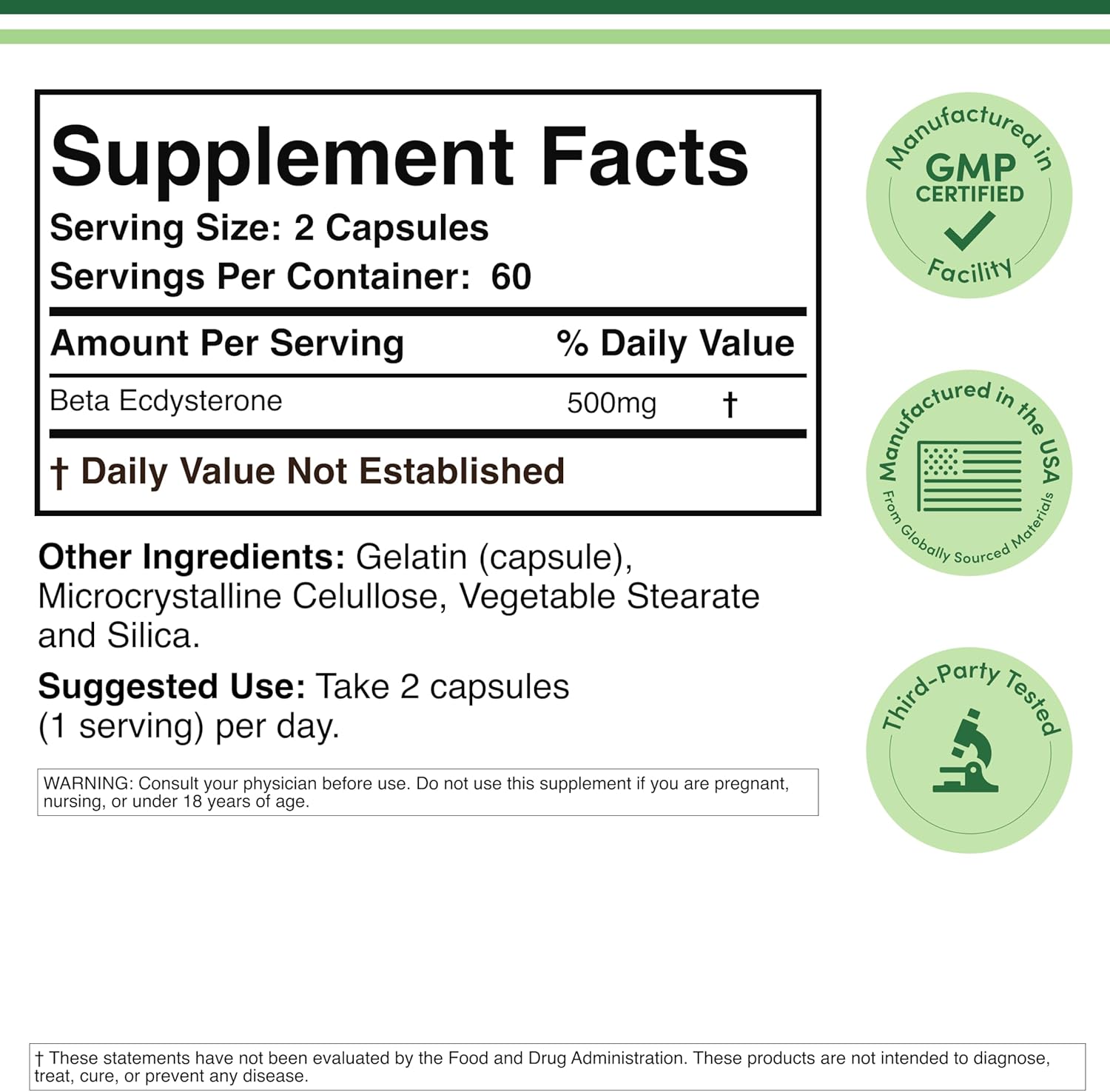 Beta Ecdysterone Supplement - 500mg Per Serving (120 Capsules, 60 Servings) Powerful Plant Anabolic to Support Men's Health (Non-GMO and Gluten Free) by Double Wood - Image 2