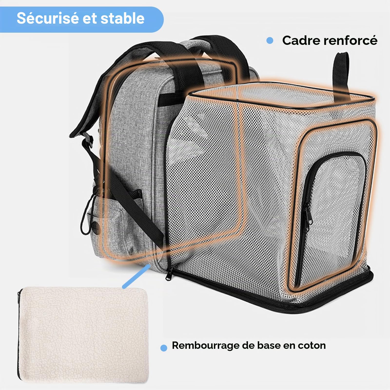 Sac à Dos Extensible pour cha,Sac a Dos Chat Respirant, avec Matelas en Peluche Amovible,pour Animaux de Compagnie jusqu'à 15 kg,Portable Sac Chat Transport pour Voyage, Achats,Gris
