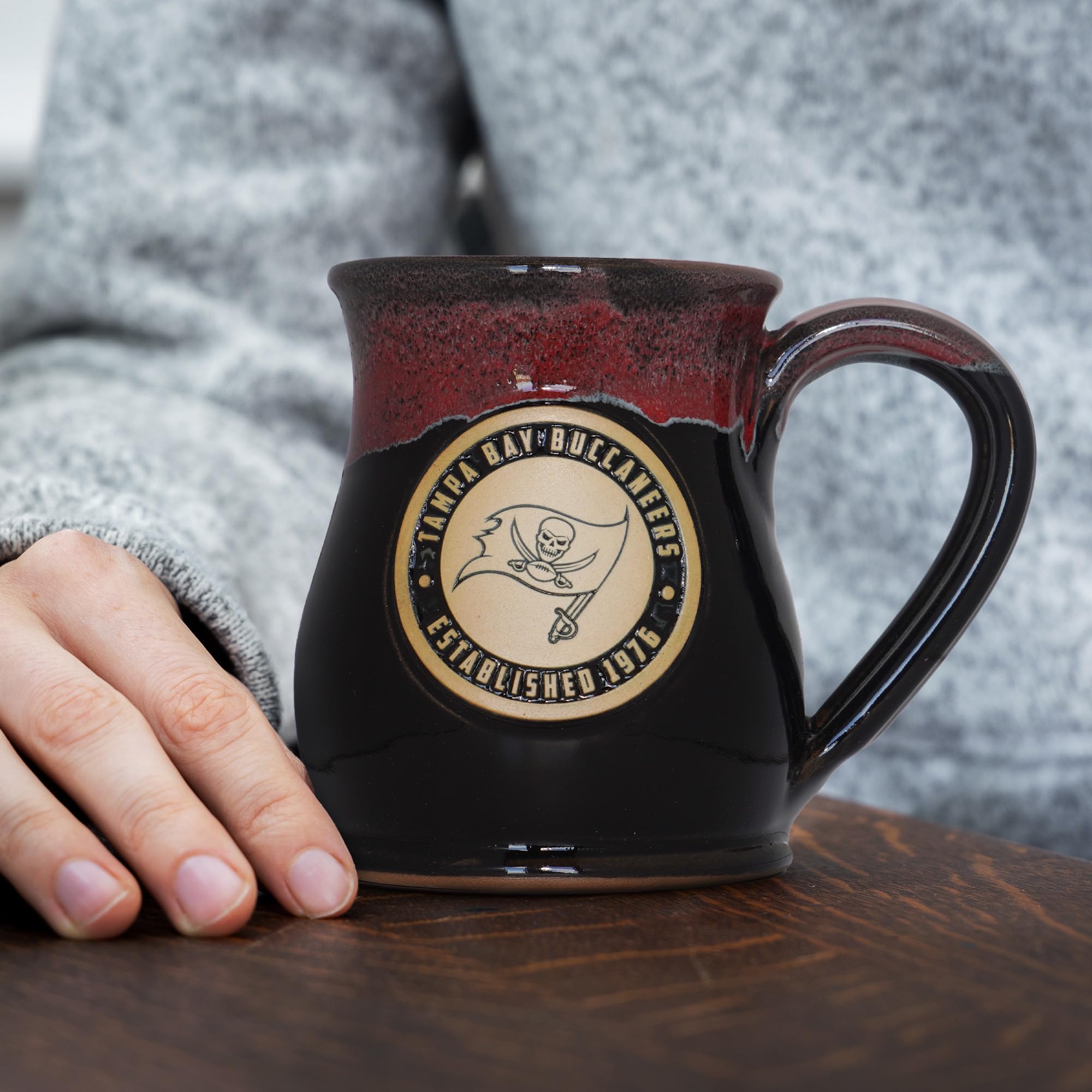 Greater Distance NFL Football Tampa Bay Buccaneers 14-oz Two-Tone Tall Belly Mug, Handmade Large Ceramic Coffee Mug With Team Logo for True Fans, Premium Deneen Pottery Made in USA