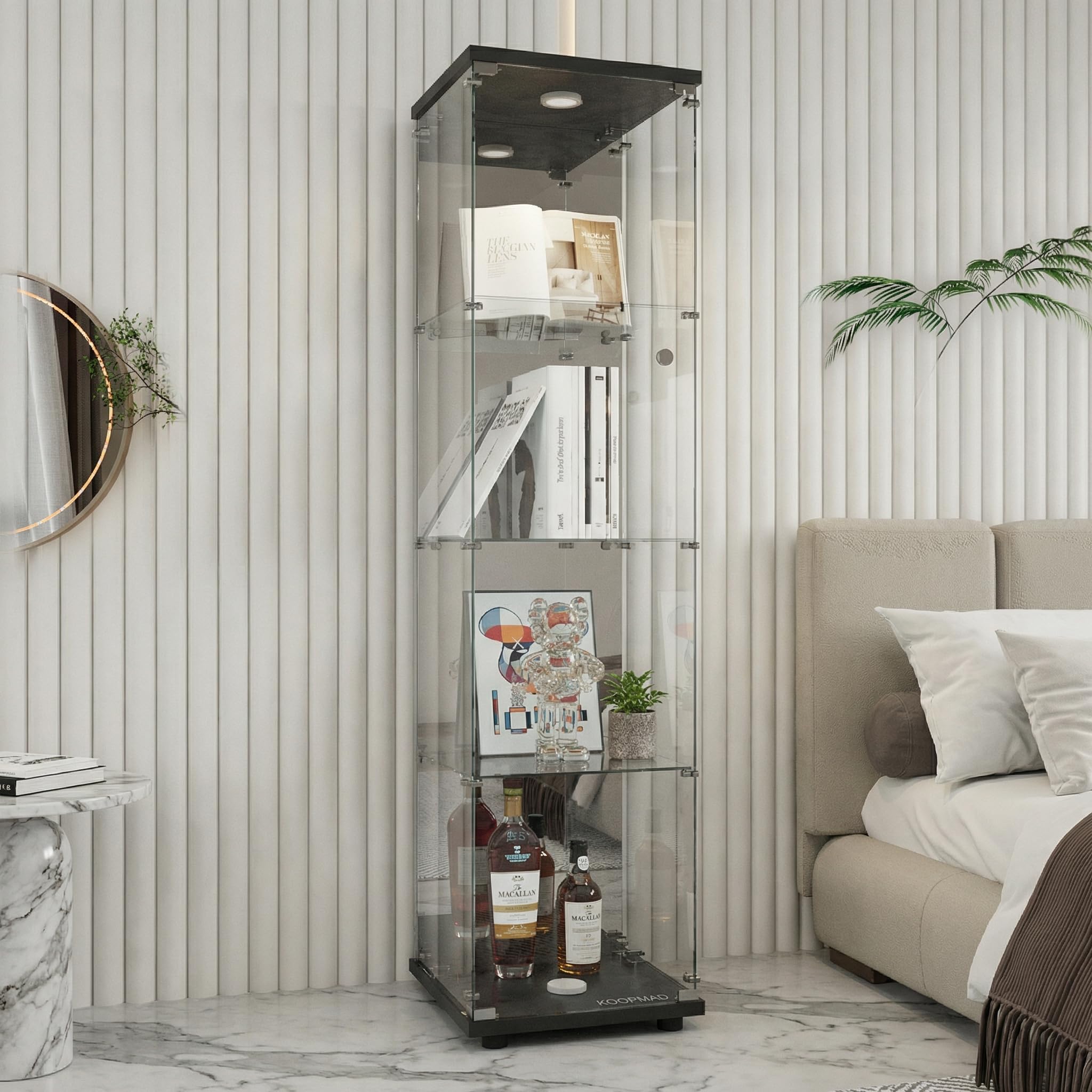 Vetrina Espositiva con LED,Vetrina in Vetro con Serratura,4 Ripiani,Vetro Specchio,Glass Display Cabinet,Vetrina Espositiva per Collezionismo,Per Camera da Letto,Soggiorno e Ufficio, Nero