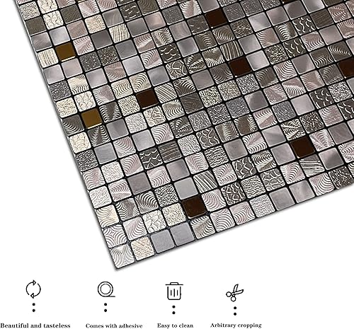 Miniatura 4 de YMMXGE Azulejos de metal para despegar y pegar en la cocina, decoración de pared 3D, azulejos de mosaico de aluminio para baño, 12 x 12 x 0.15