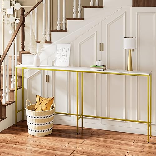 Miniatura 5 de SONGXIN Mesa consola de 70.9 pulgadas, moderna mesa de sofá larga extra estrecha detrás del sofá, mesa de entrada delgada con marco de metal dorado