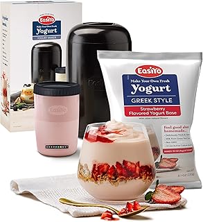 EasiYo Yogurt Starter Kit | EasiYo Yogurt Maker, Storage Jar and Greek Style Strawberry Flavored Yogurt Base (35oz, Makes 7 Servings) | Fresh Homemade Yogurt | New Zealand Milk from Grass Fed Cows
