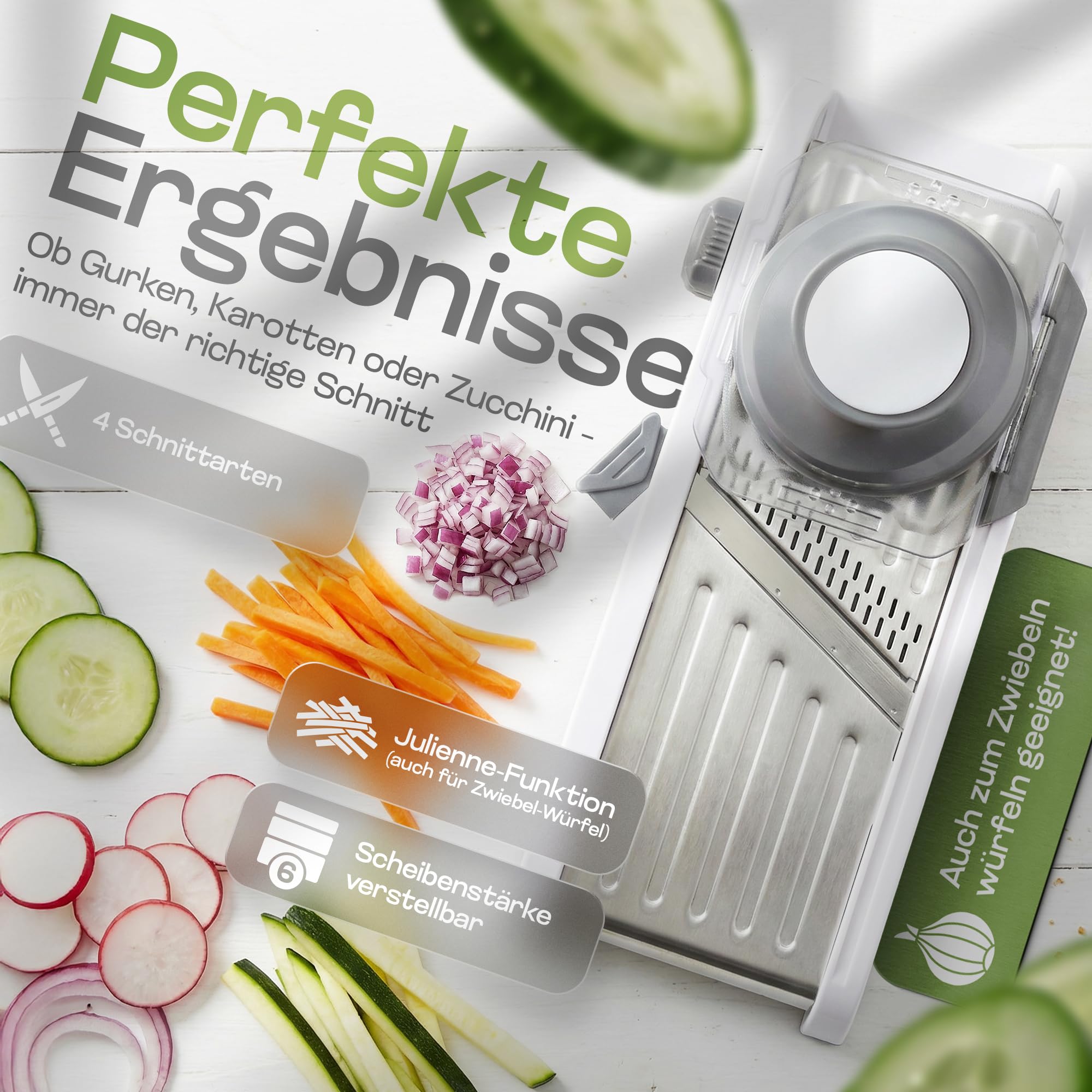 Premium Mandoline Gemüsehobel Edelstahl | kein Klingenwechsel | sicher und modern | Gemüseschneider manuell | Julienneschneider | Gurkenhobel dünne Scheiben | vegetable slicer | Küchenhobel