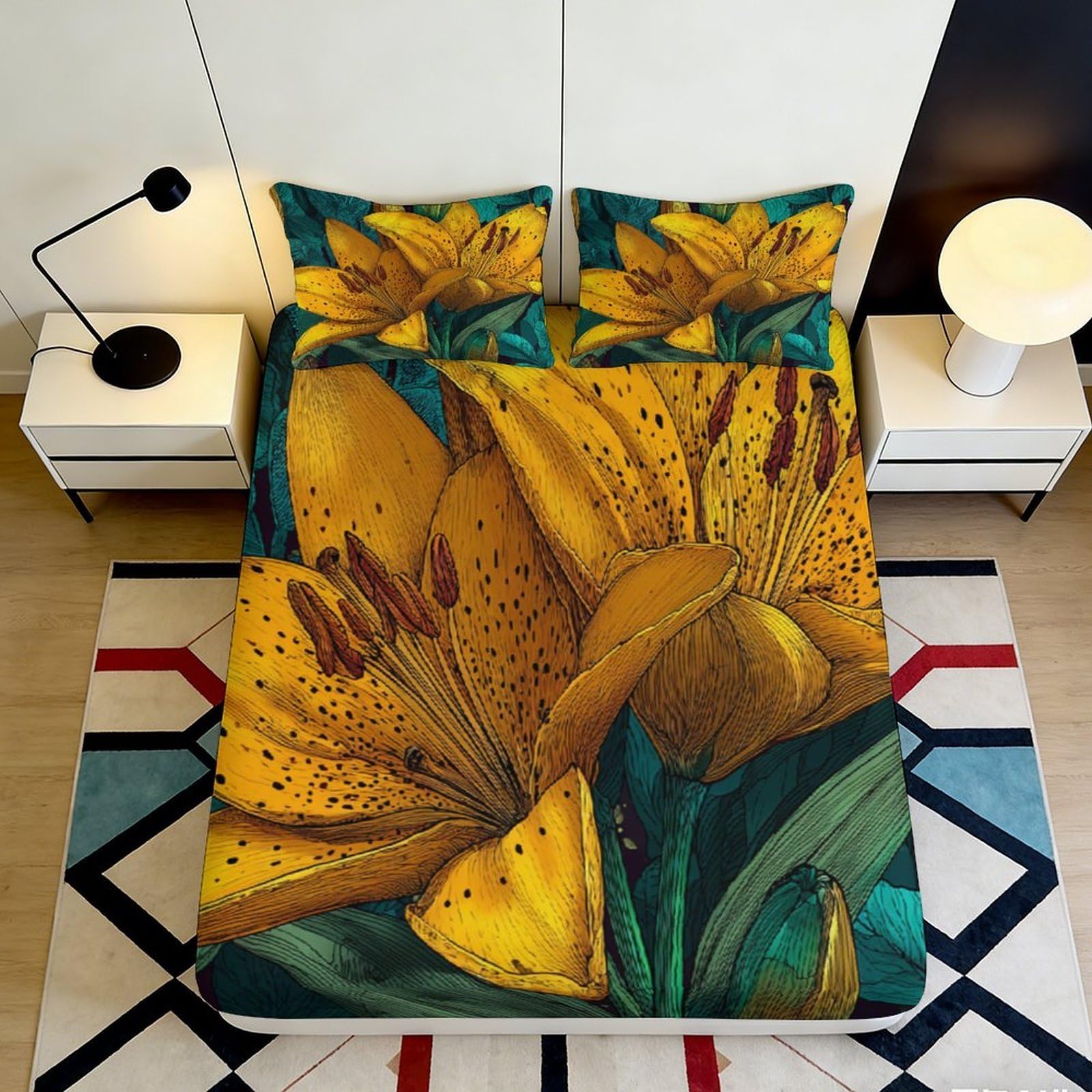 3D Printed Yellow Lily Fitted Sheet Microfiber Soft Durable Botanical Bed Cover for Bedroom Dormitory Guest Room Mattress Protection 200x200x25cm