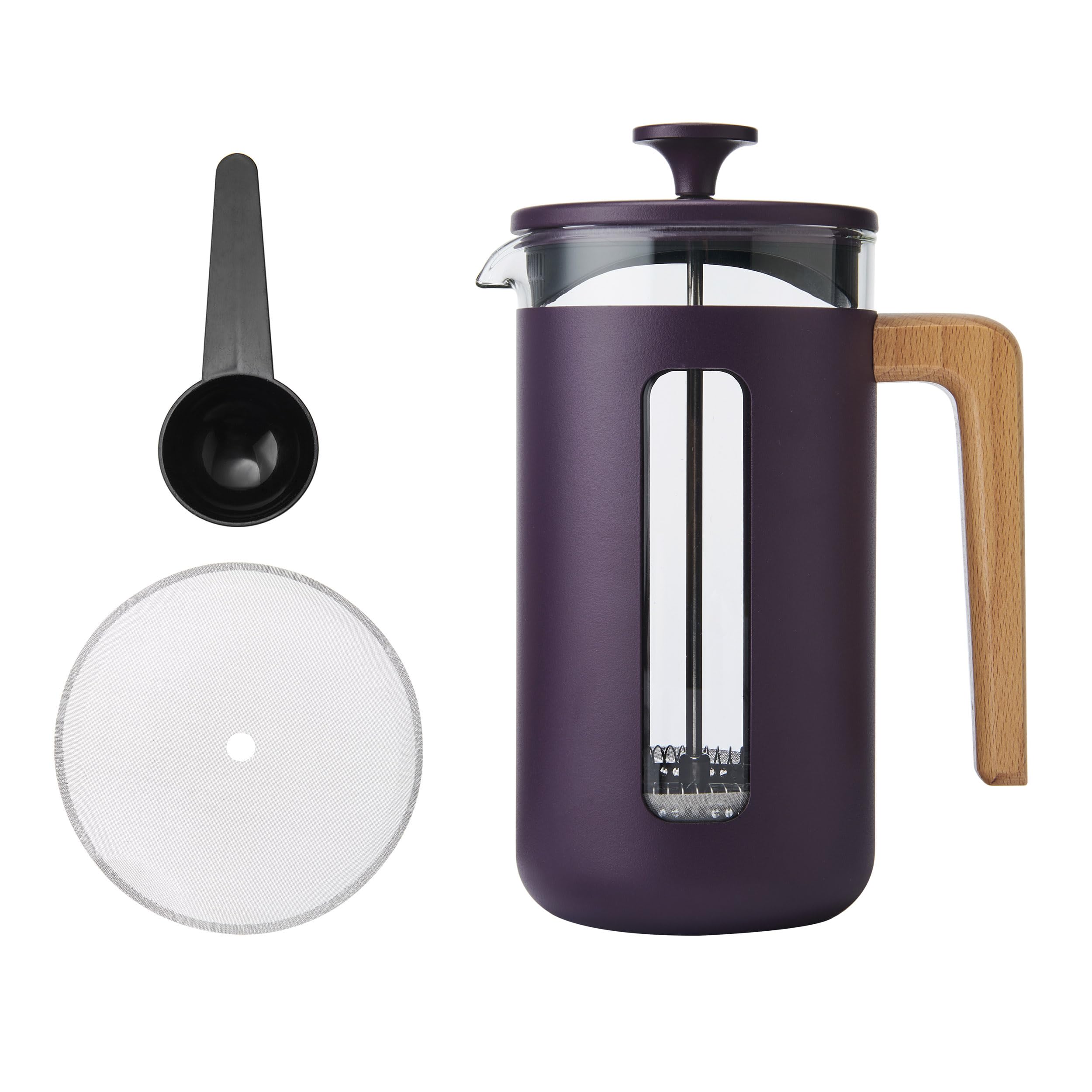 La Cafetière Pisa 8 Cup Cafetière In Purple Colour Durable Stainless Steel Plunger, Heat Resistant French Press With Stylish Natural Wood Handle, Versatile Coffee Tea Plunger, 10 Year Guarantee, 1L