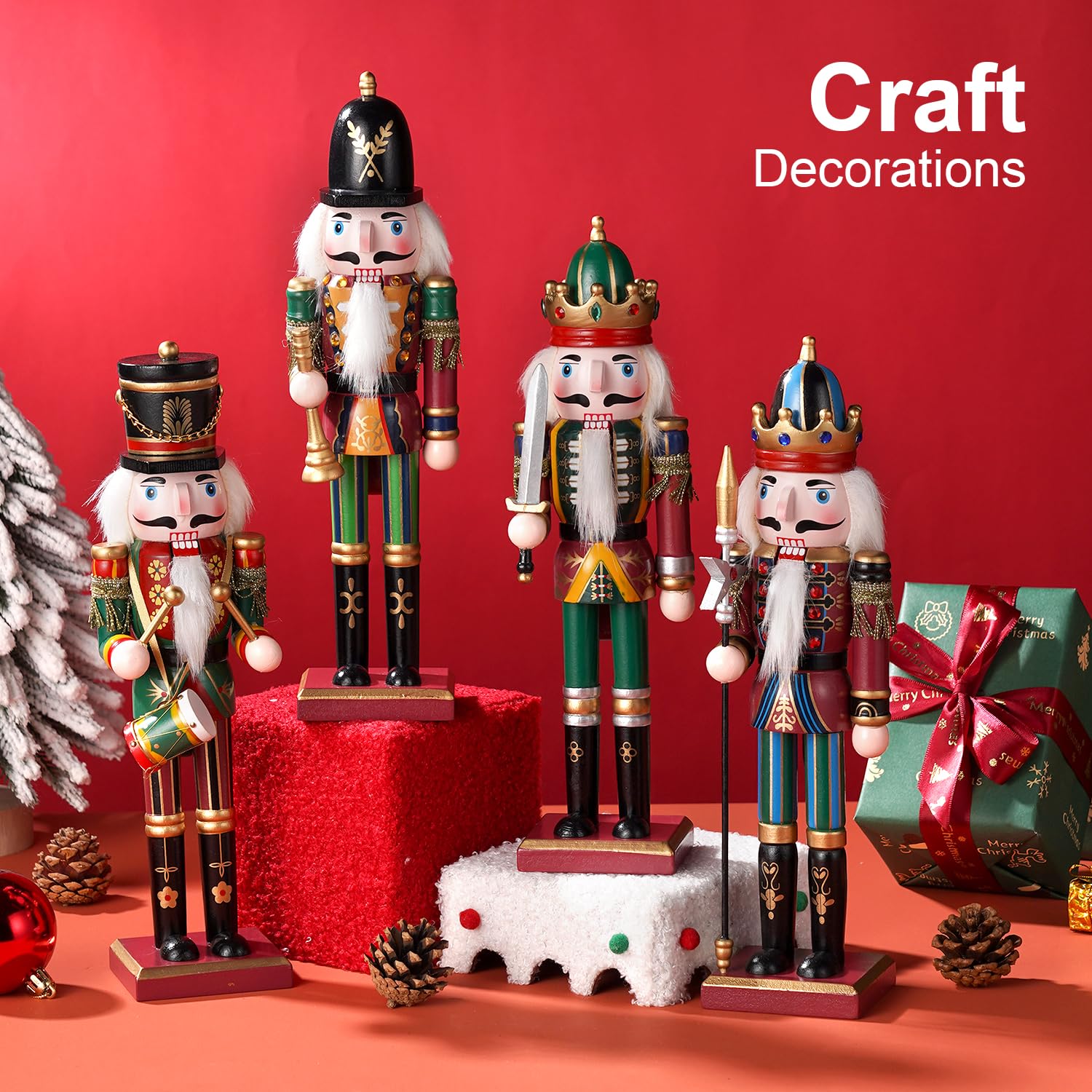 Lot de 4 décorations de Noël en bois soldat casse-noisette, figurines traditionnelles peintes de 30 cm, fête de Noël festive à collectionner pour la maison, la cheminée, le sapin de Noël