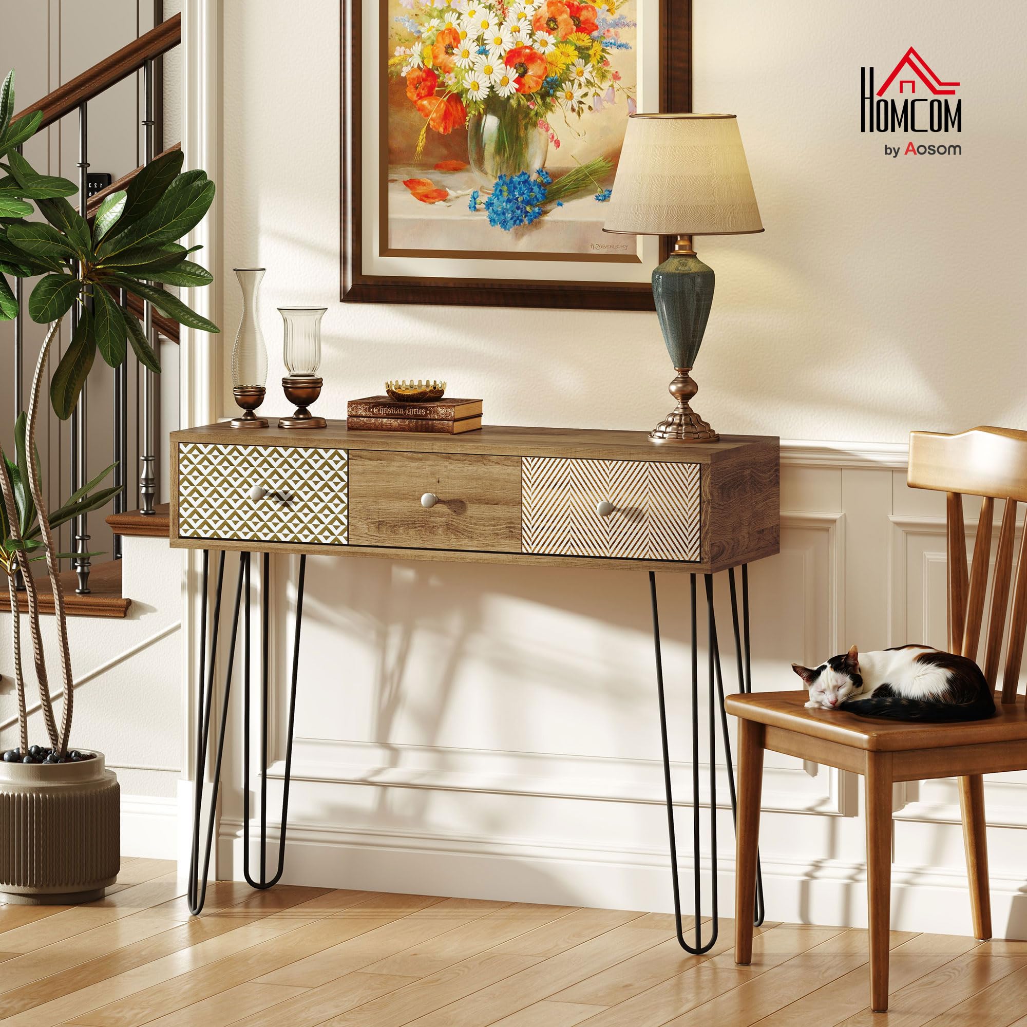 HOMCOM Mesa de Consola, Mesa de Sofá con 3 Cajones Estrecha, Natural